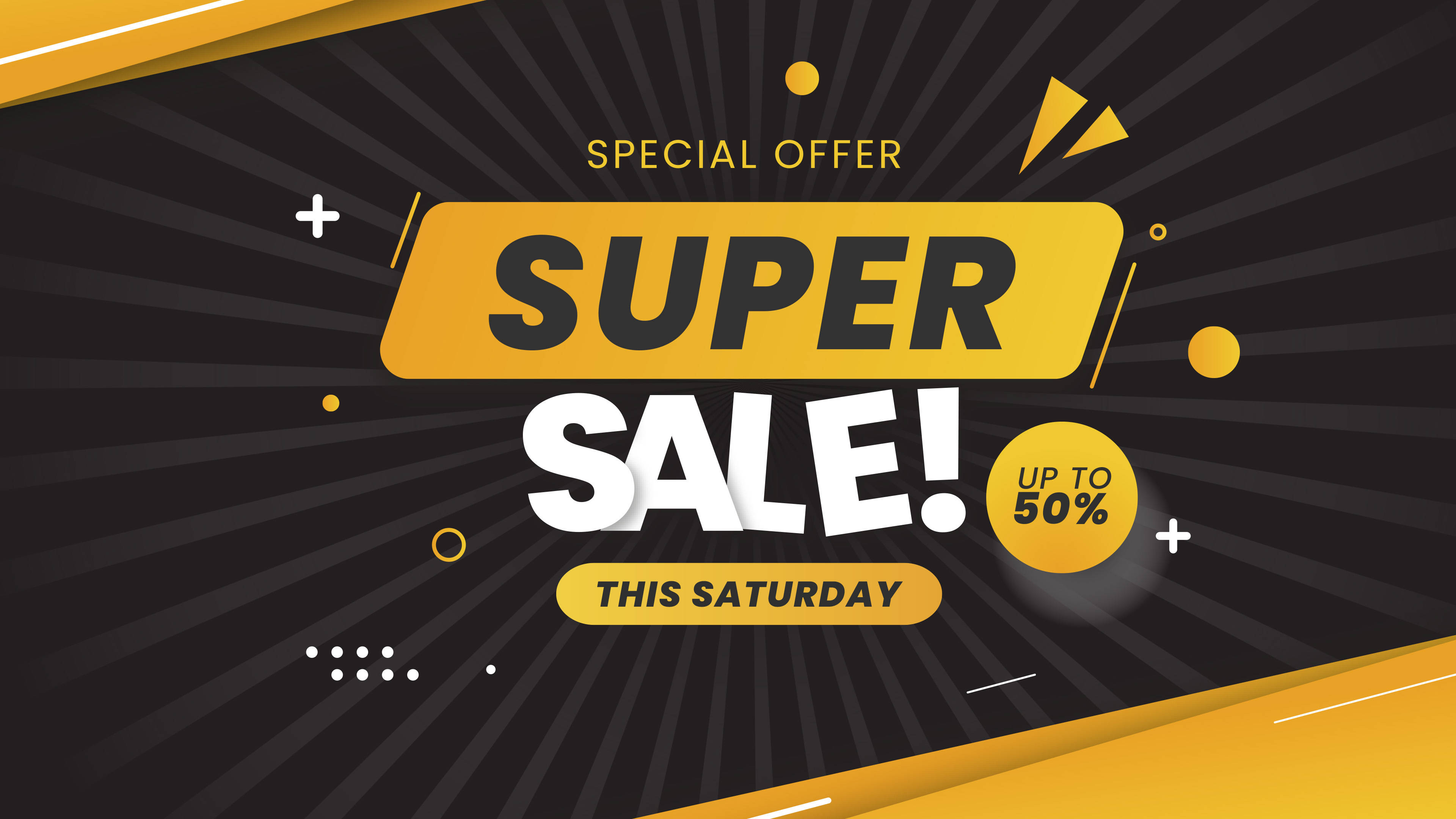 black and yellow, super saturday sale, radial burst design, 4K Desktop Wallpaper