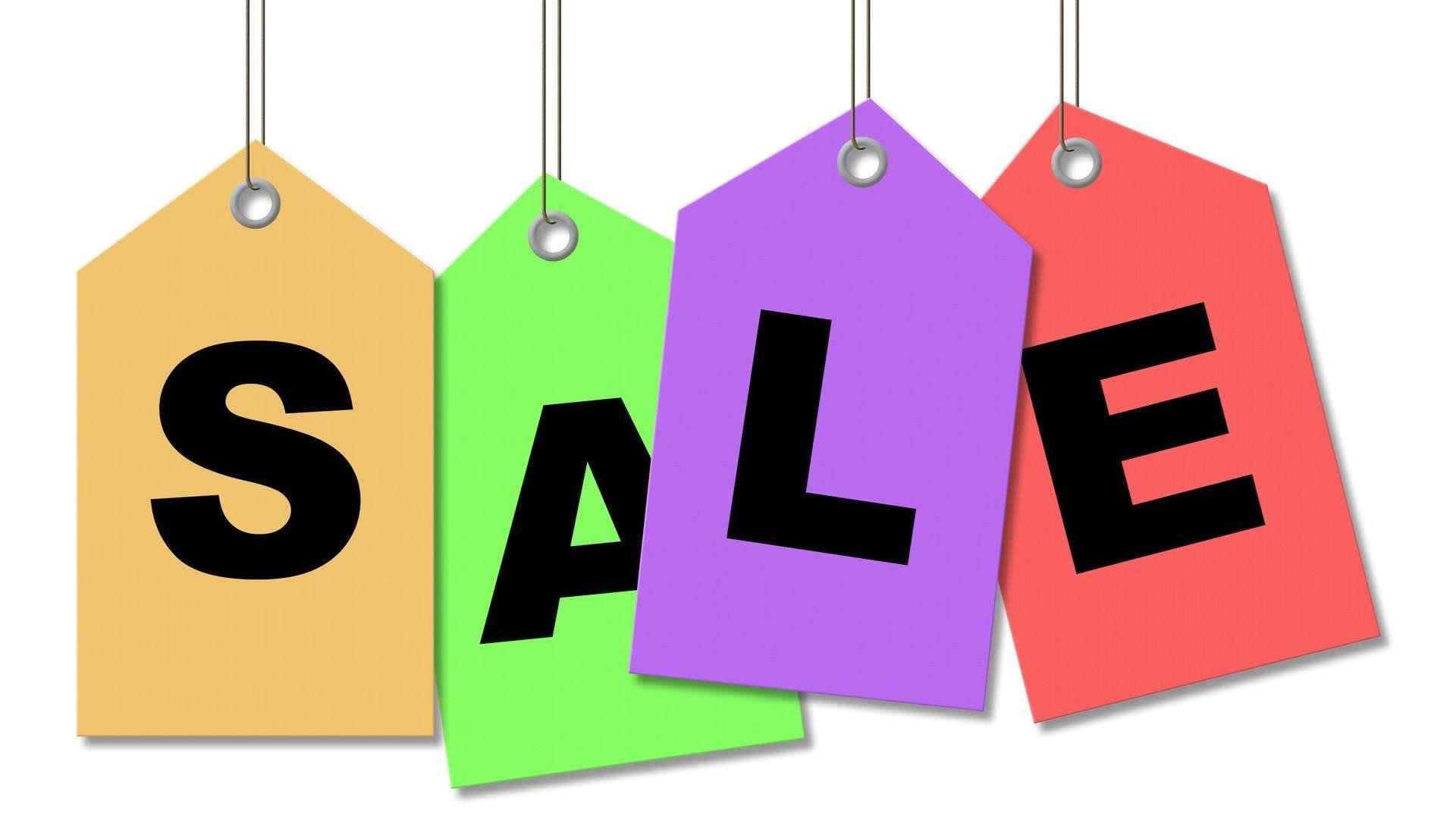 SALE, colorful hanging sale tags, bold black letters, Full HD Desktop Wallpaper