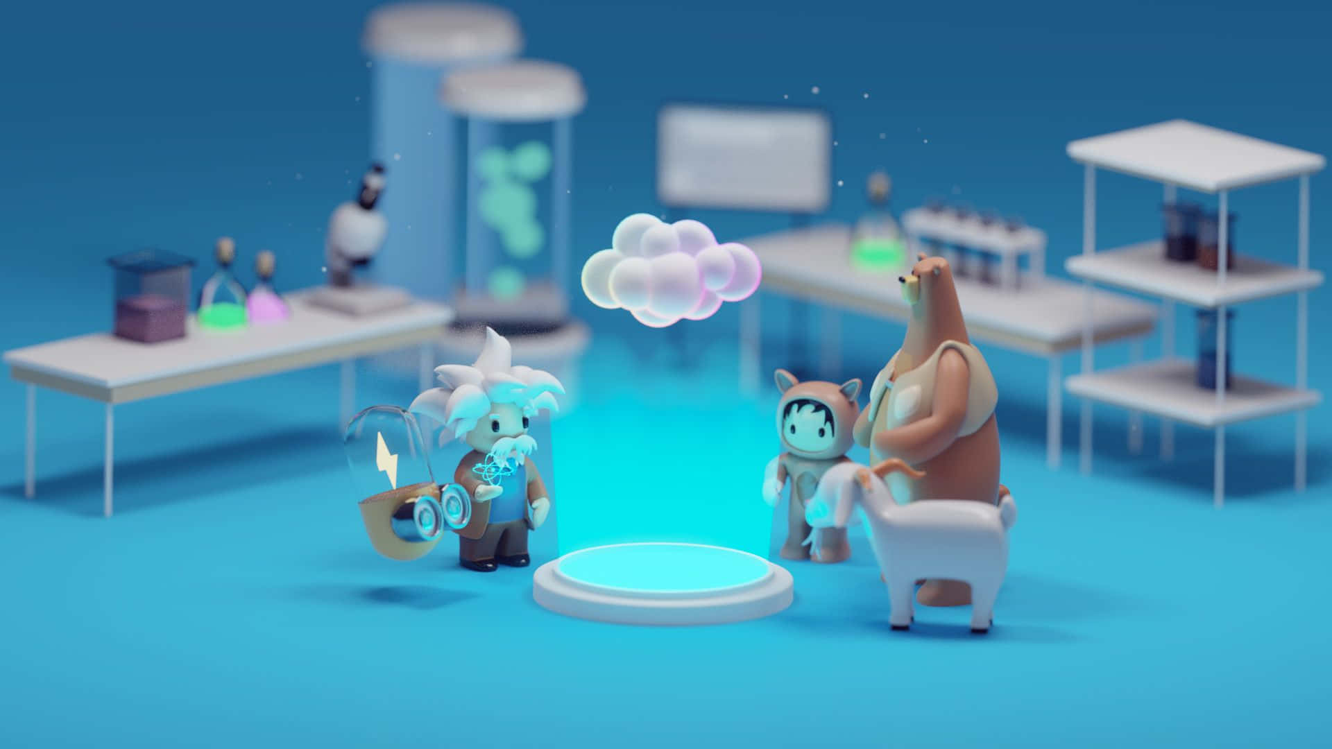 Salesforce, cartoon scene, futuristic lab, Full HD Desktop Wallpaper