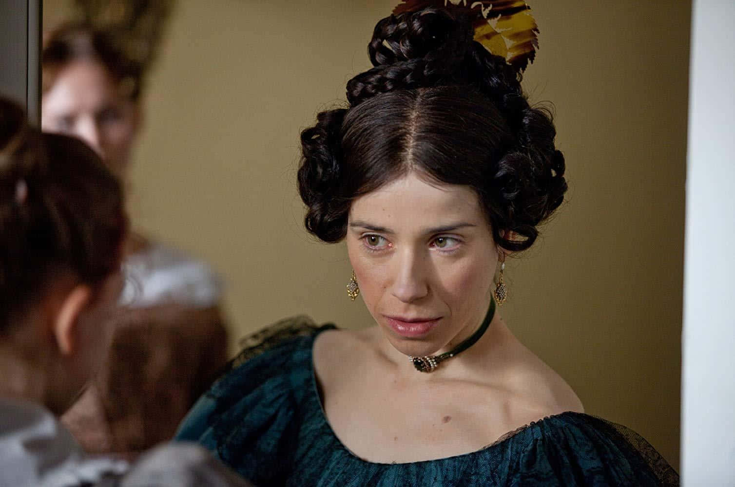 Sally Hawkins, dark green gown, braided hair, HD Desktop Wallpaper