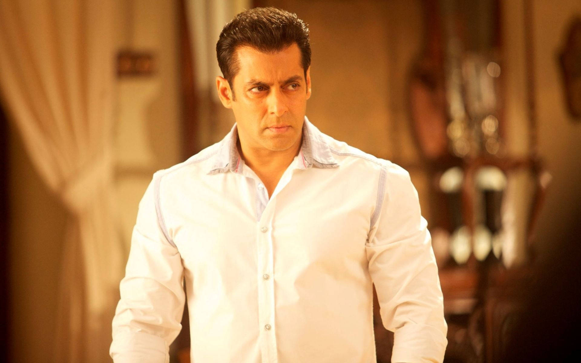 Salman Khan, crisp white shirt, warmly lit room, Full HD Desktop Wallpaper