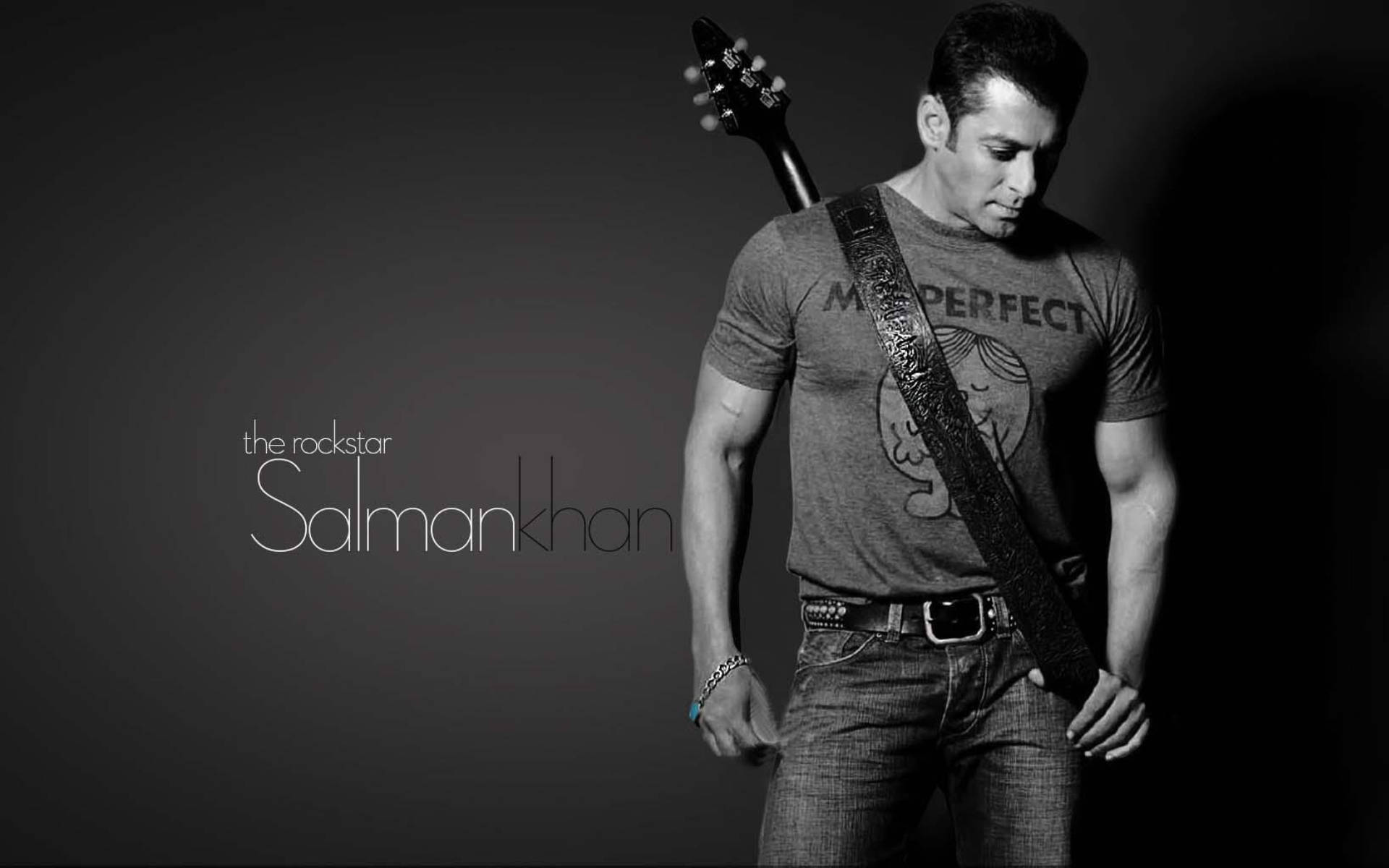 Salman Khan, guitar, black and white, Full HD Desktop Wallpaper