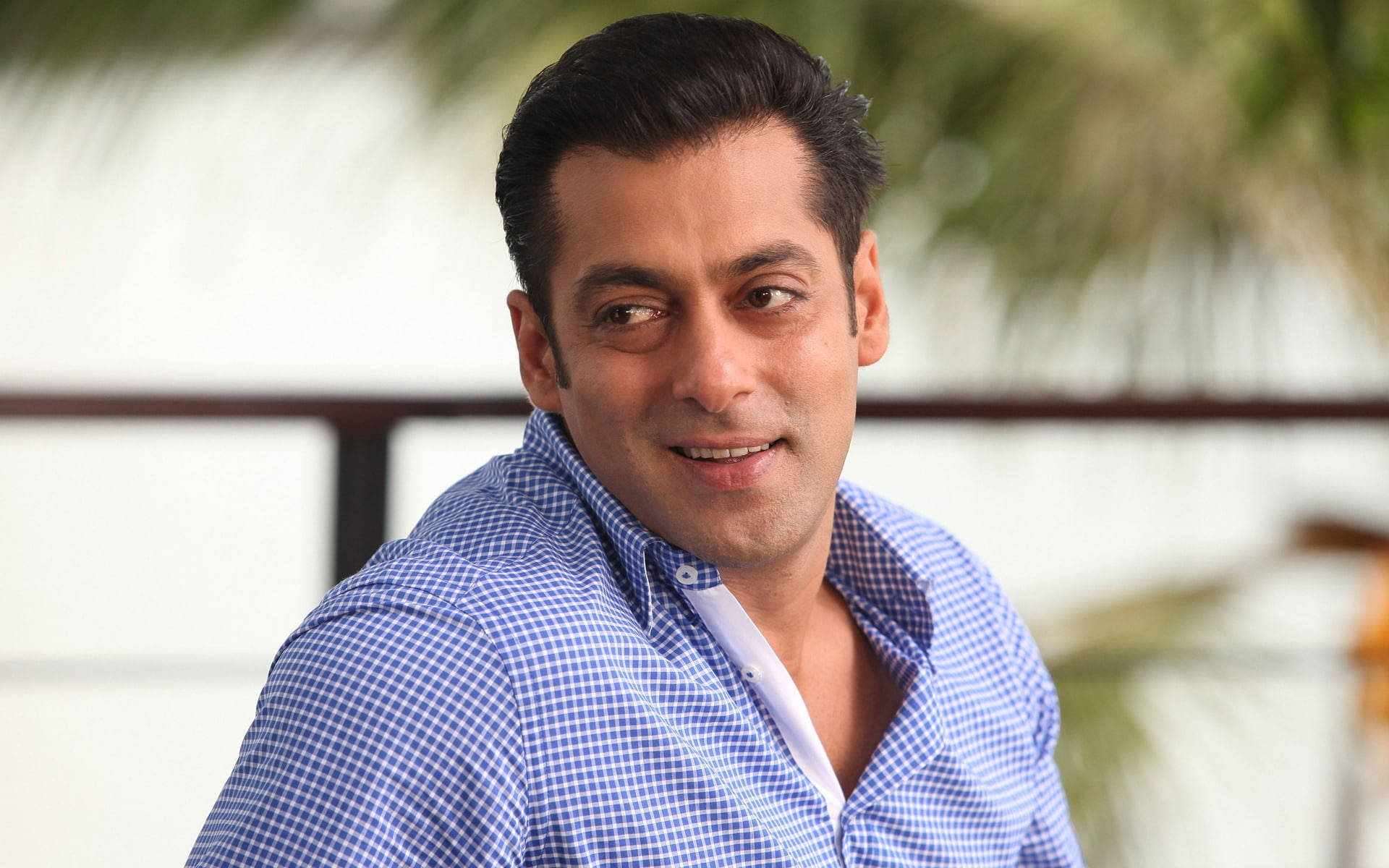 Salman Khan, blue checkered shirt, tropical backdrop, Full HD Desktop Wallpaper