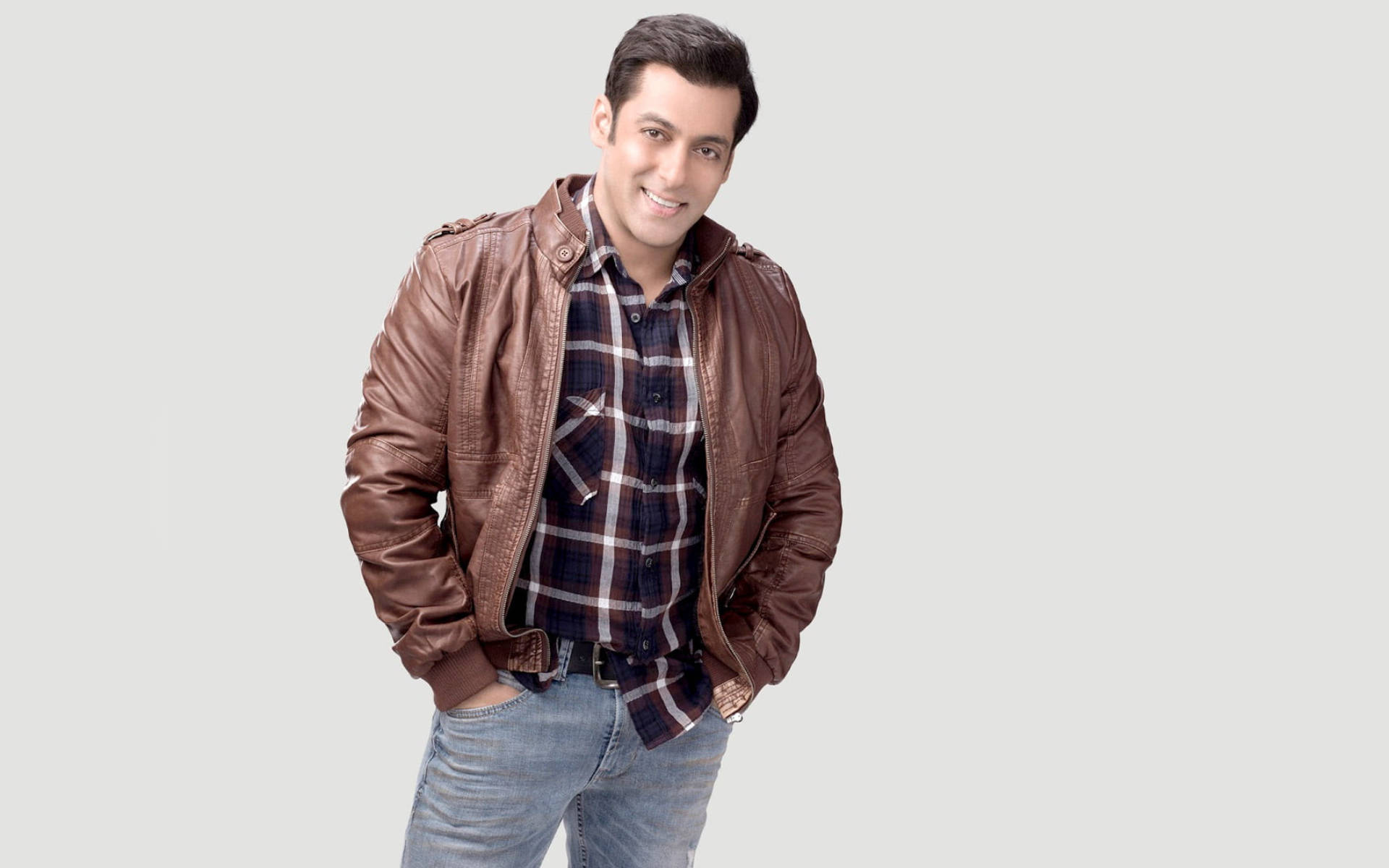 Salman Khan, brown leather jacket, plaid shirt, Full HD Desktop Wallpaper