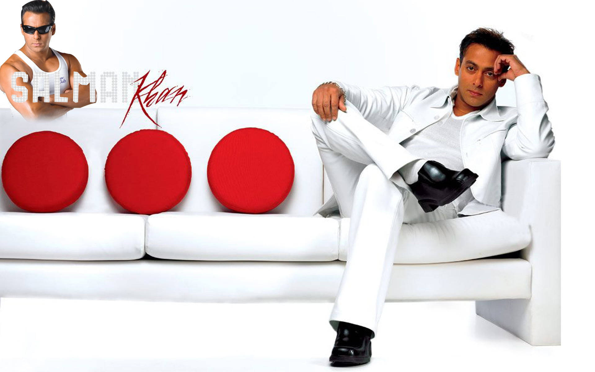 Salman Khan, white sofa, three bold red circular cushions, Full HD Desktop Wallpaper
