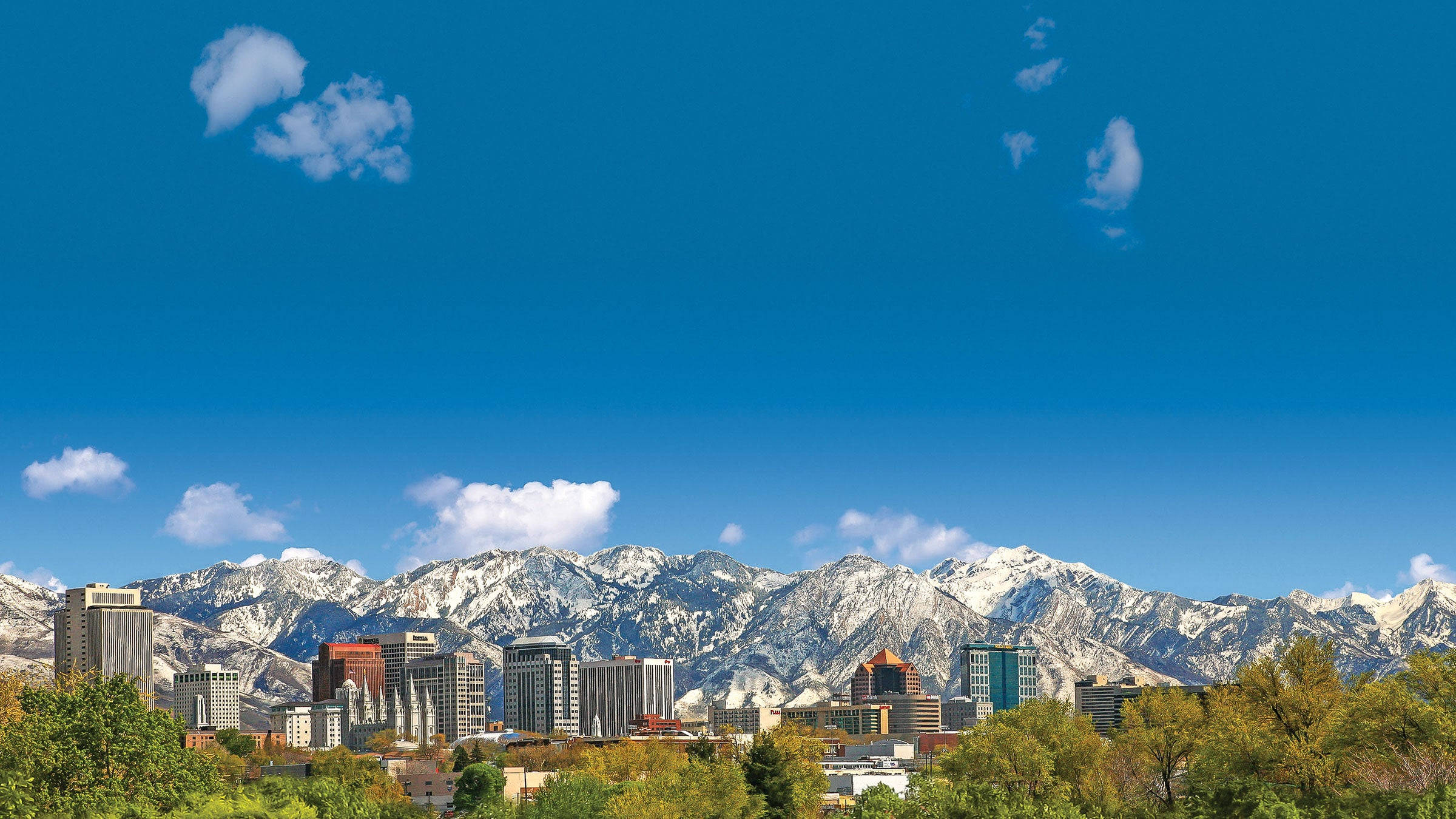 Salt Lake City, clear blue sky, snow-capped mountains, Full HD Desktop Wallpaper