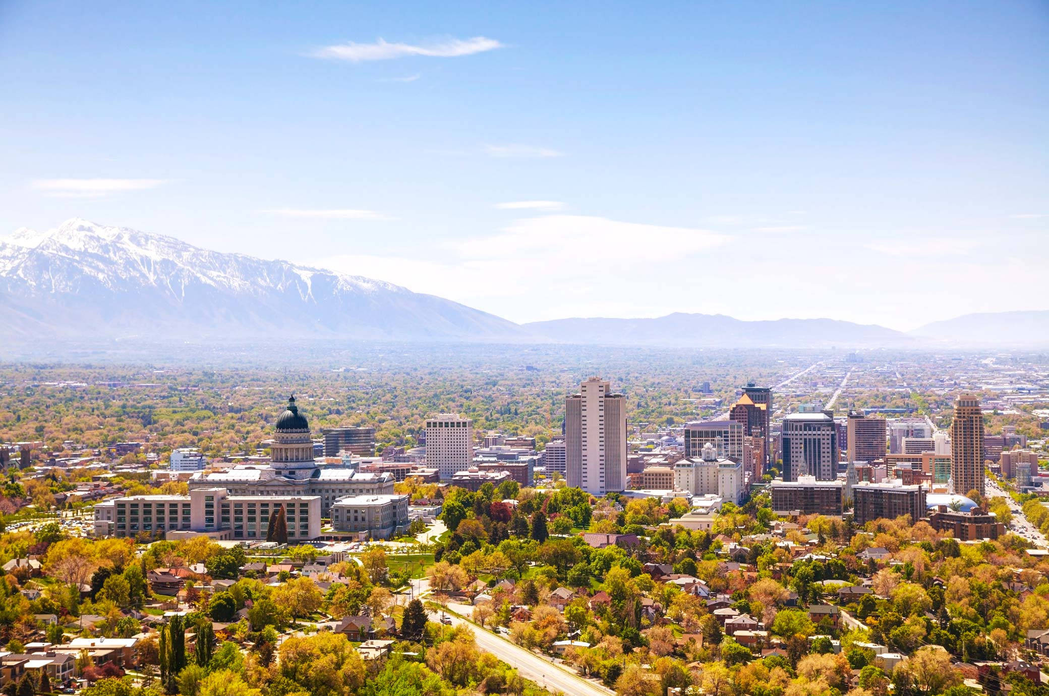 Salt Lake City, green trees, yellow trees, Full HD Desktop Wallpaper
