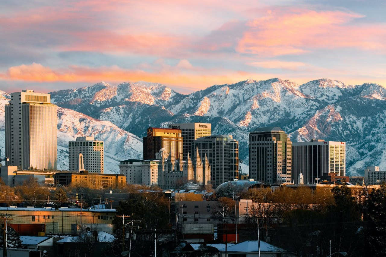 Salt Lake City, pastel sky, snowcapped mountains, HD Desktop Wallpaper