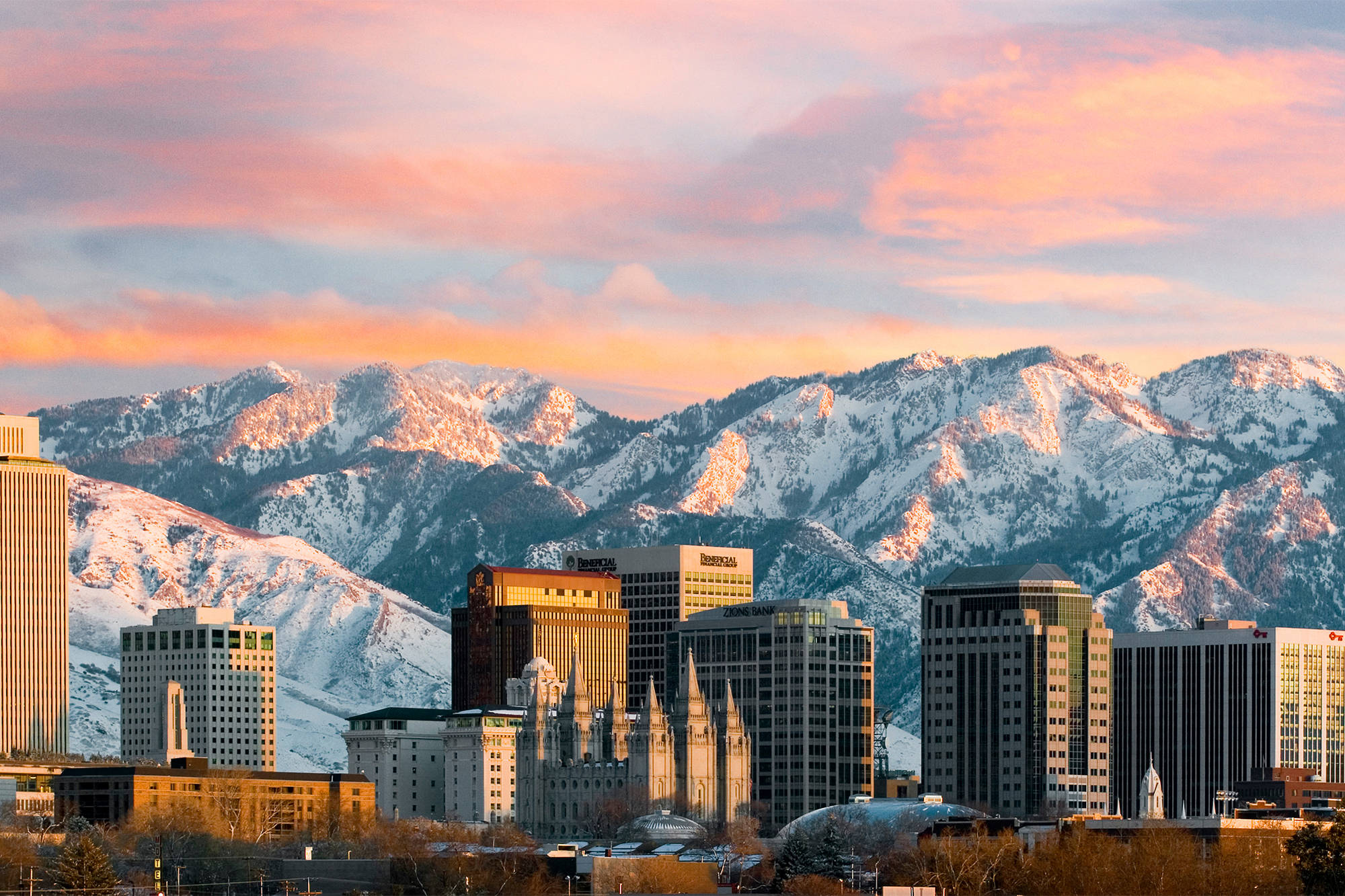 Salt Lake City, pink sky, snowcapped mountains, Full HD Desktop Wallpaper