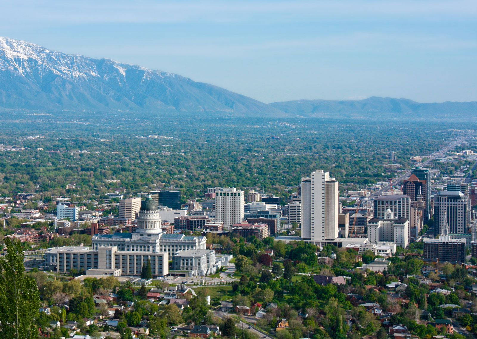 Salt Lake City, green trees, snow-capped mountains, HD Desktop Wallpaper