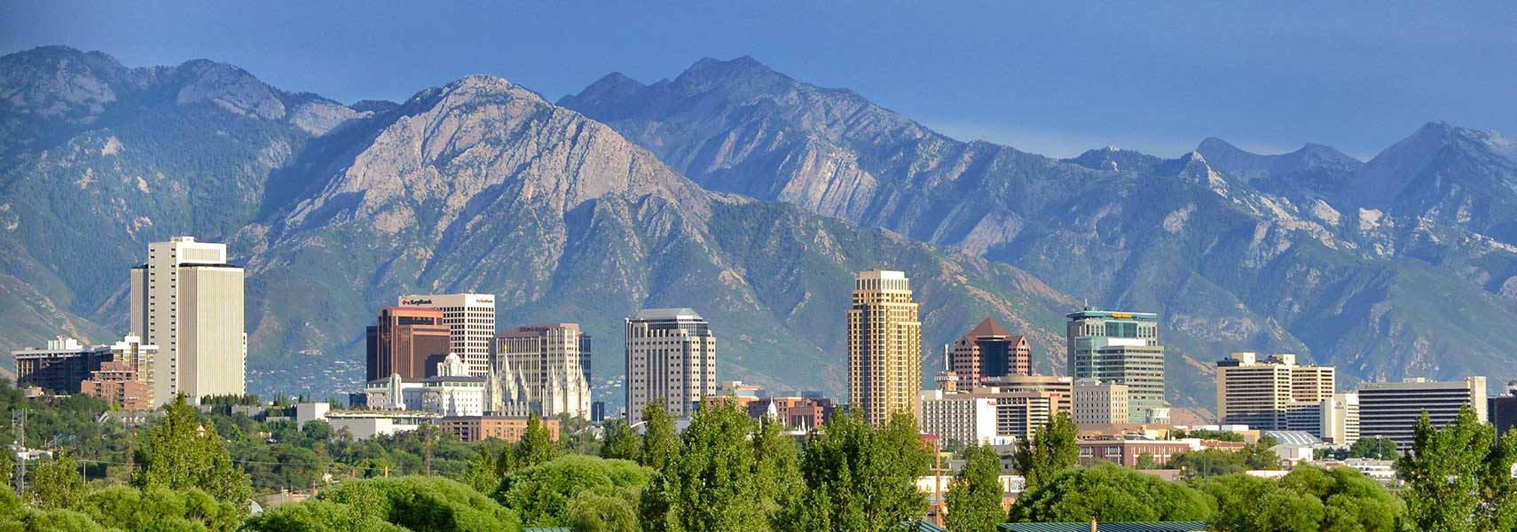 Salt Lake City, modern skyscrapers, towering rugged mountains, HD Desktop Wallpaper