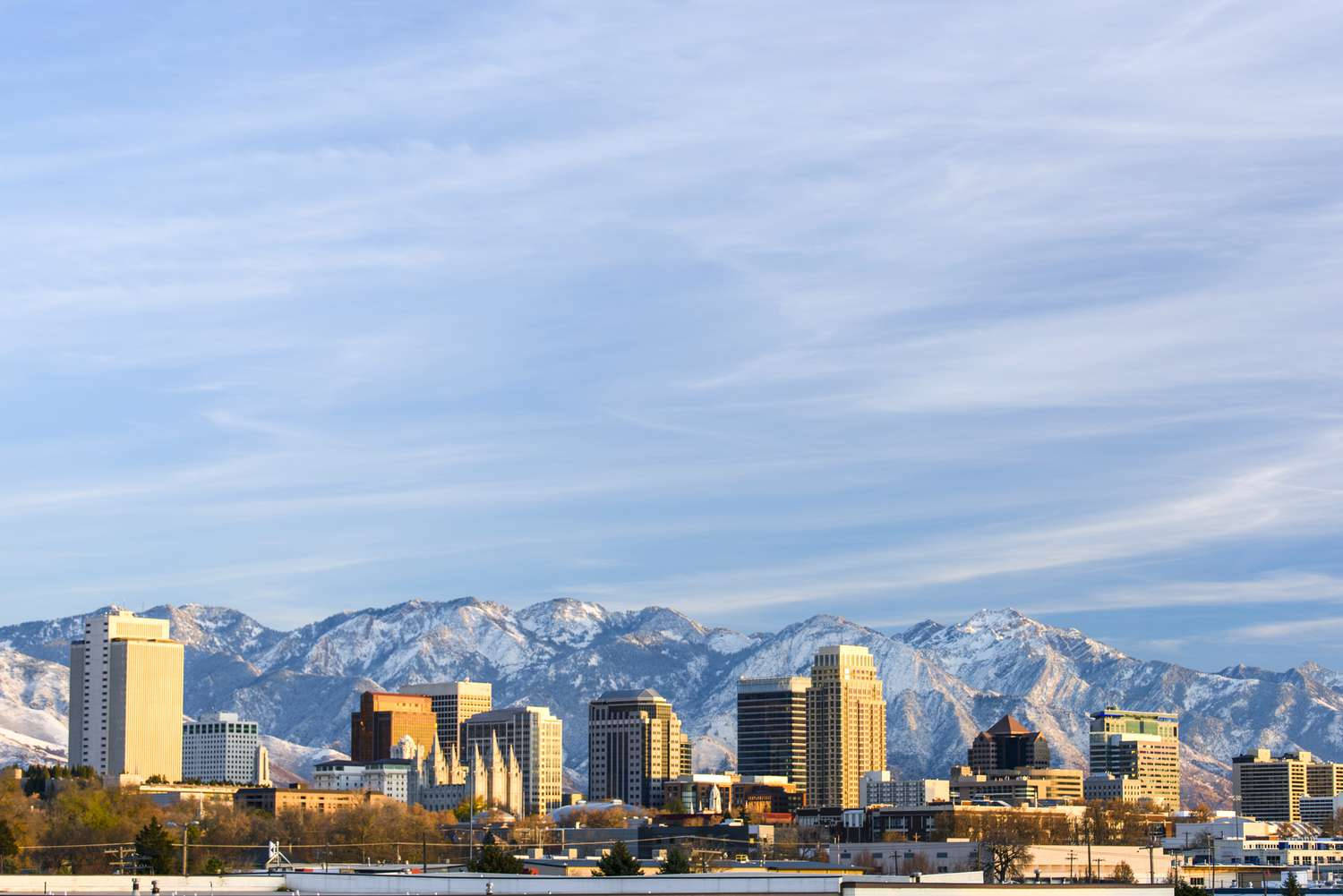 Salt Lake City, snow-capped mountains, soft blue sky, HD Desktop Wallpaper