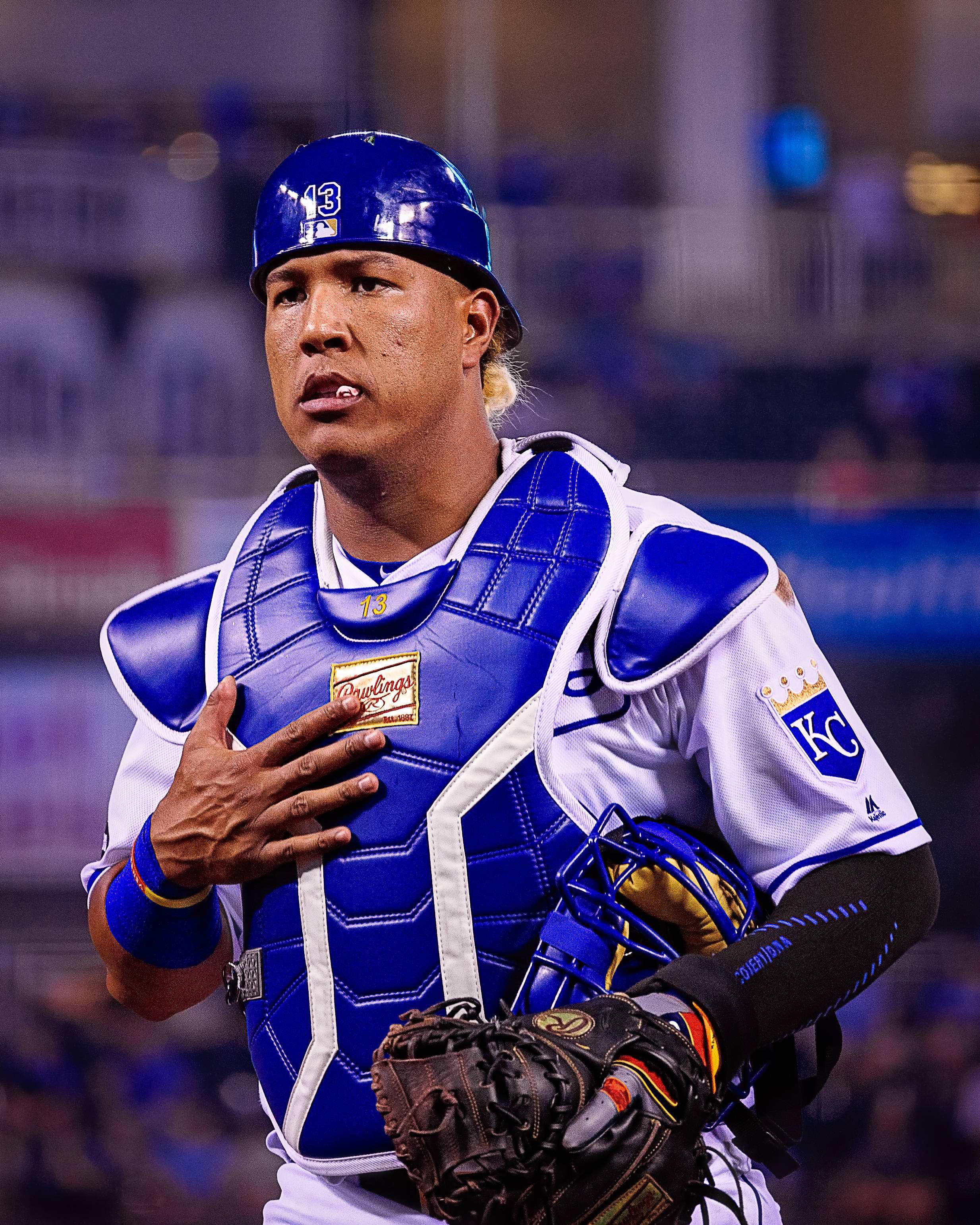 Salvador Perez, blue and white gear, stadium lights, 2K Phone Wallpaper