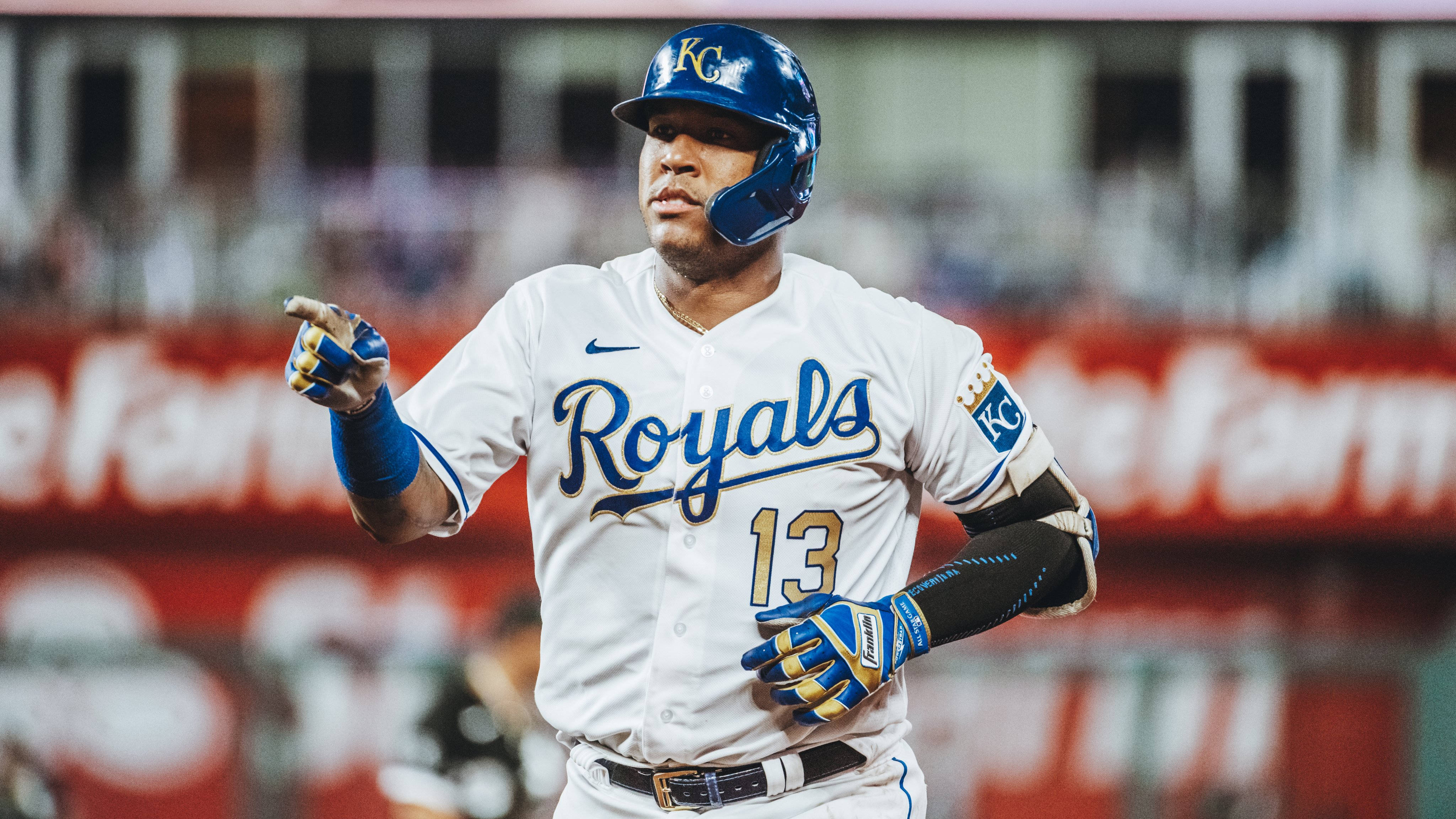 Salvador Perez, white Royals jersey, number 13, 4K Desktop Wallpaper
