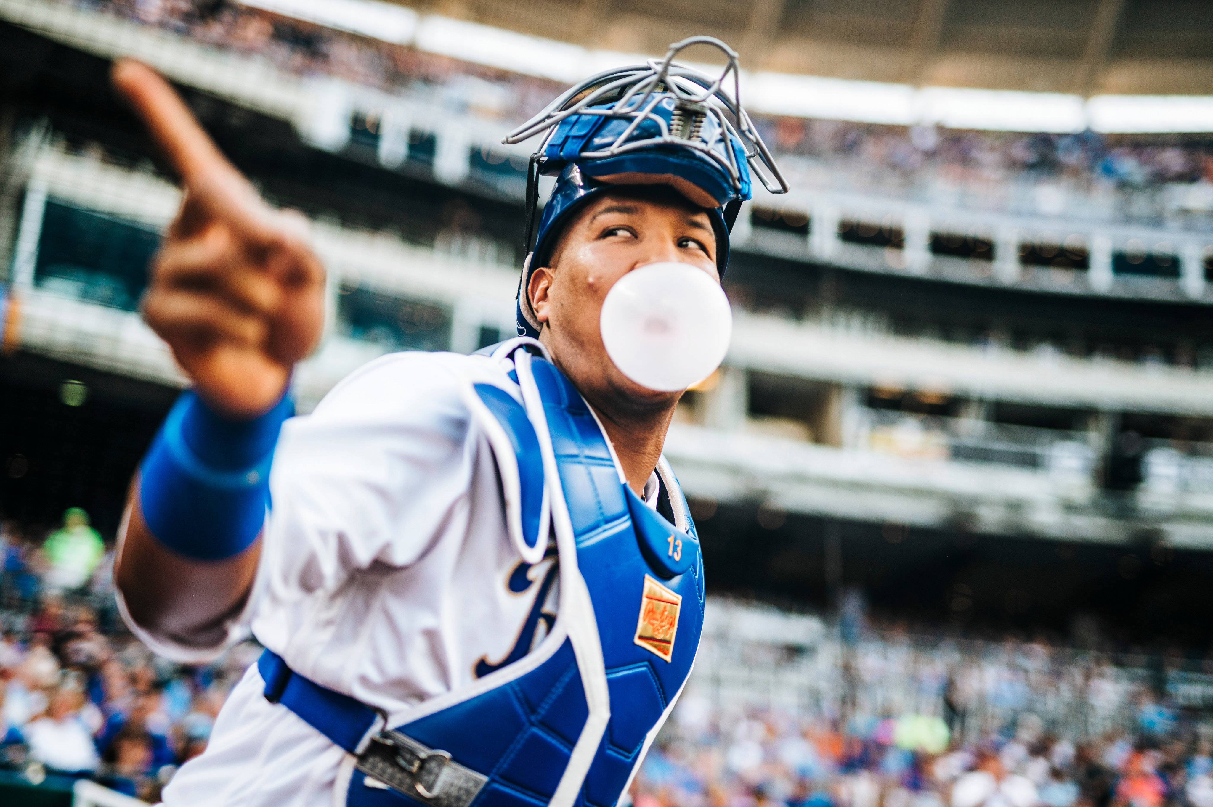 Salvador Perez, bubblegum bubble, blue gear, 4K Desktop Wallpaper