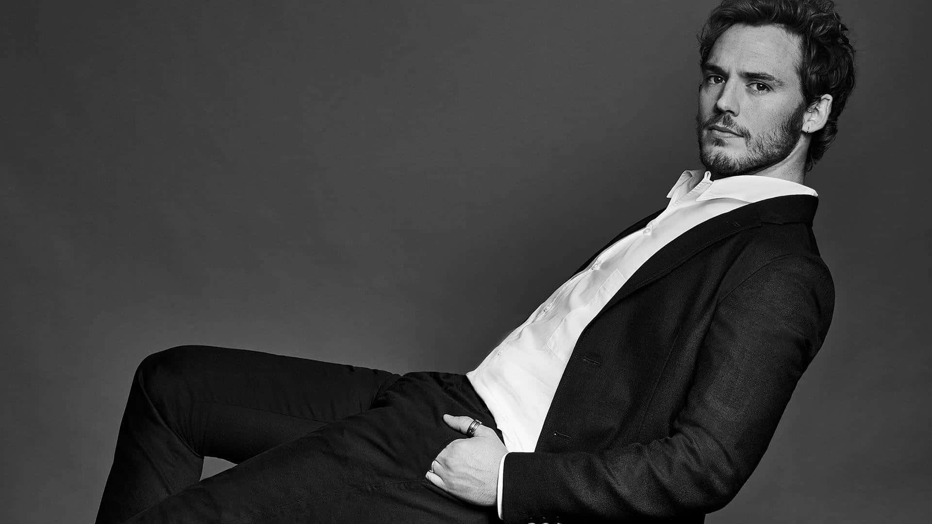 Sam Claflin, black suit, white shirt, Full HD Desktop Wallpaper