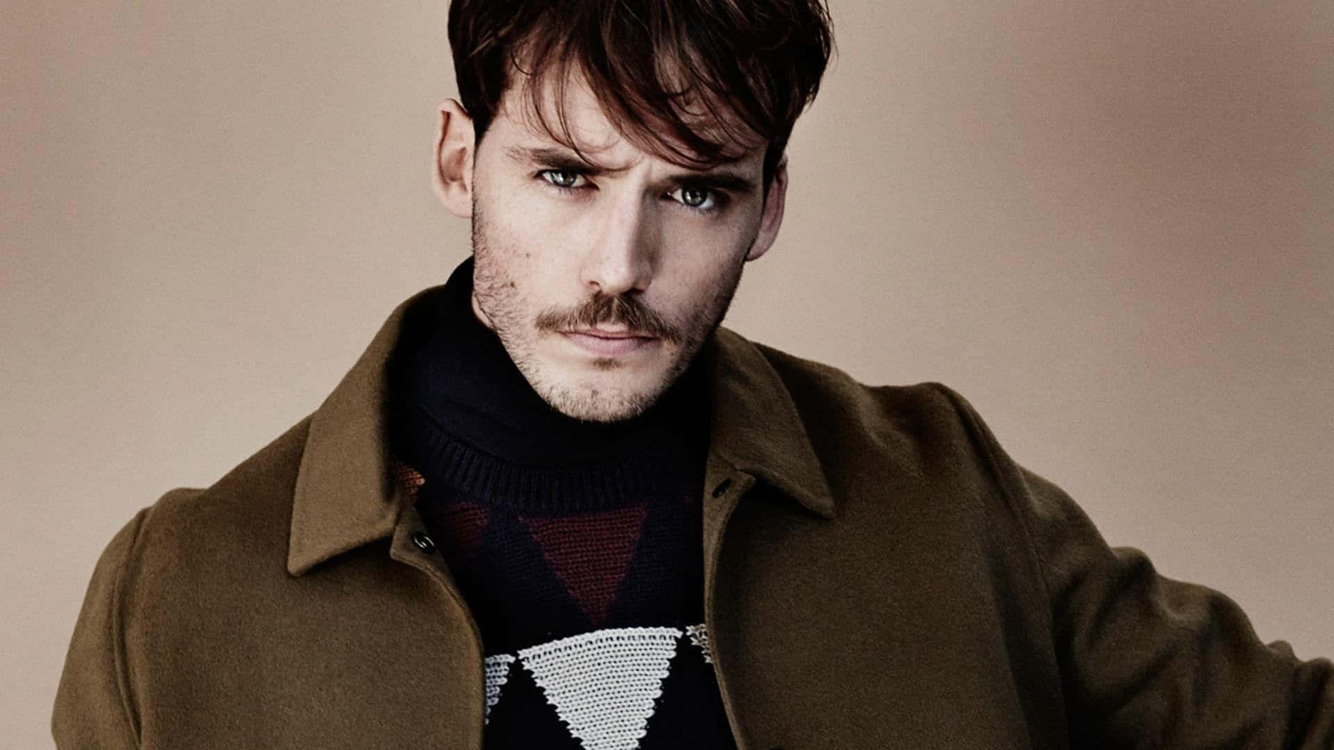 Sam Claflin, mustache, brown coat, Full HD Desktop Wallpaper