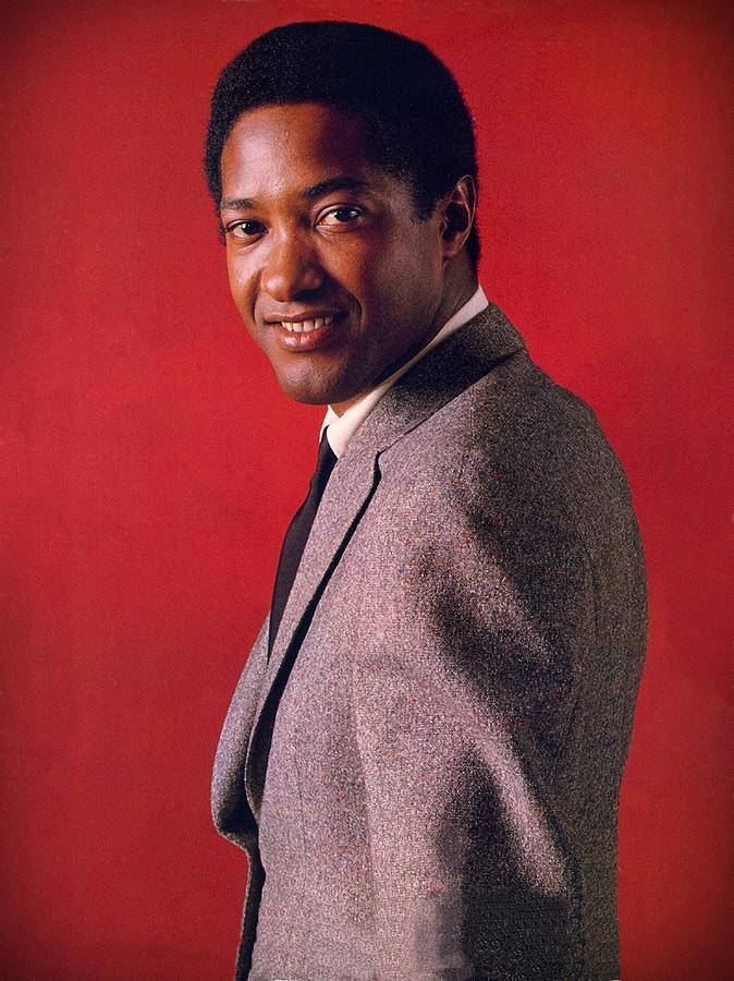 Sam Cooke, textured gray suit, bold red studio backdrop, SD Phone Wallpaper