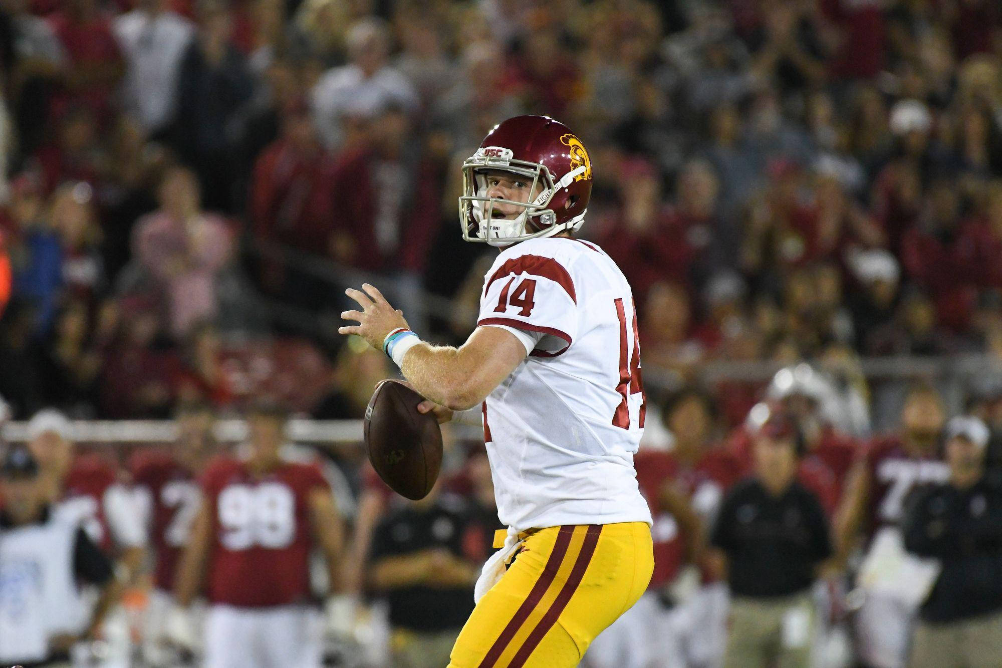 Sam Darnold, maroon and gold uniform, stadium lights, Full HD Desktop Wallpaper