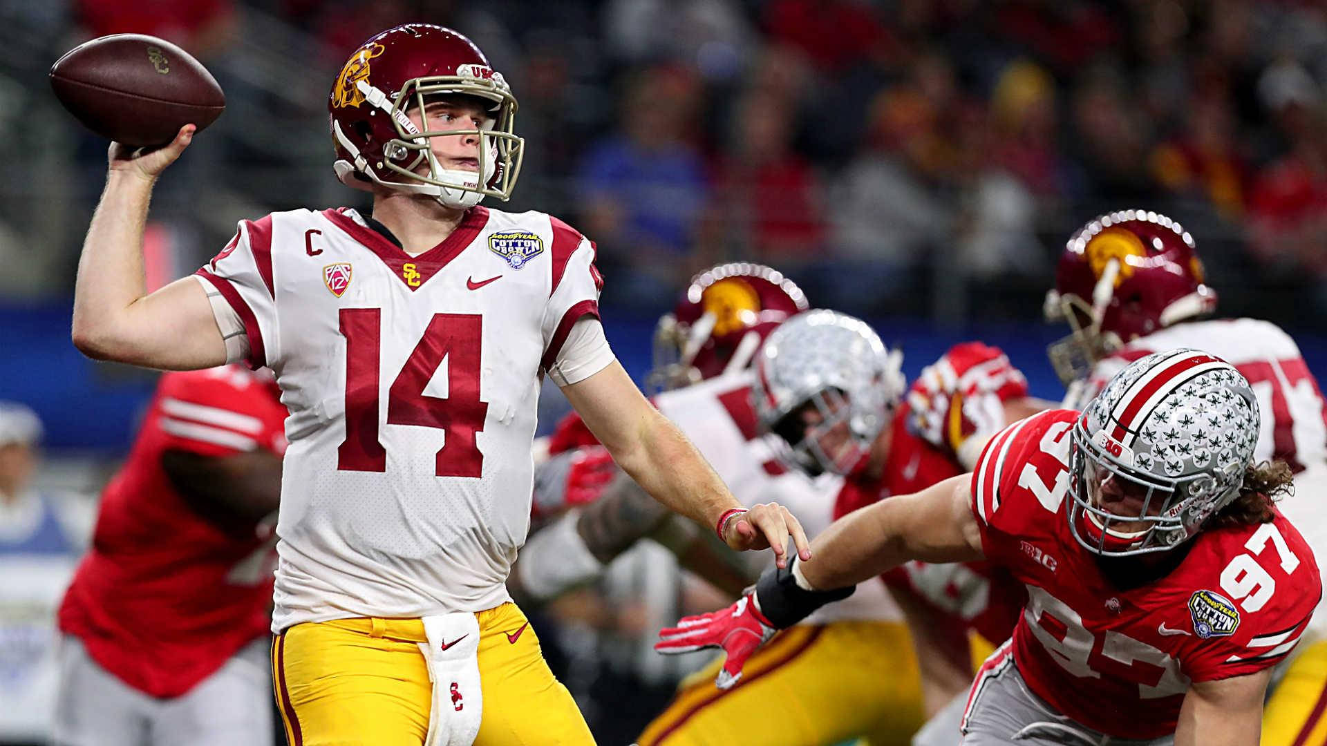 Sam Darnold, football quarterback, white and gold uniform, Full HD Desktop Wallpaper