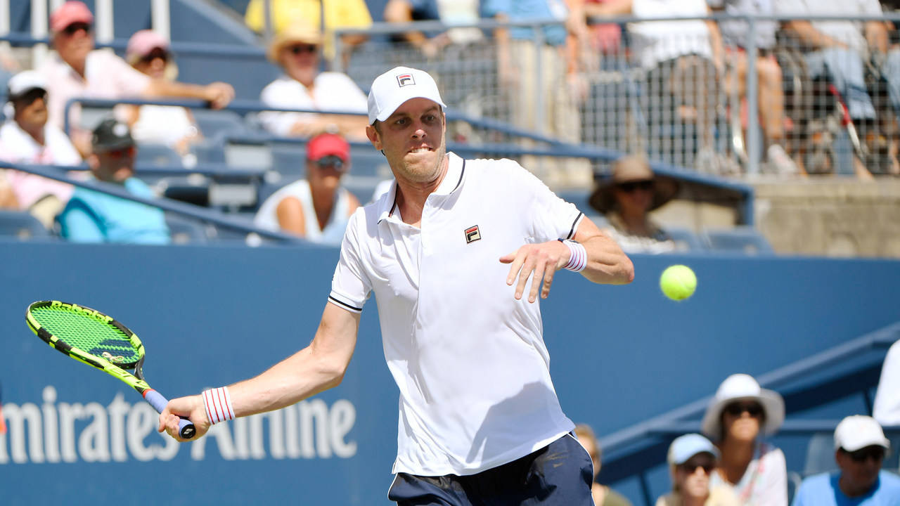 Sam Querrey, white gear, bright yellow ball, HD Desktop Wallpaper