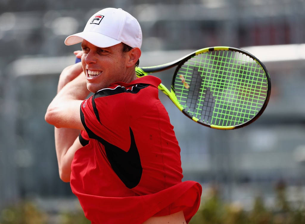 Sam Querrey, red shirt, white cap, SD Desktop Wallpaper