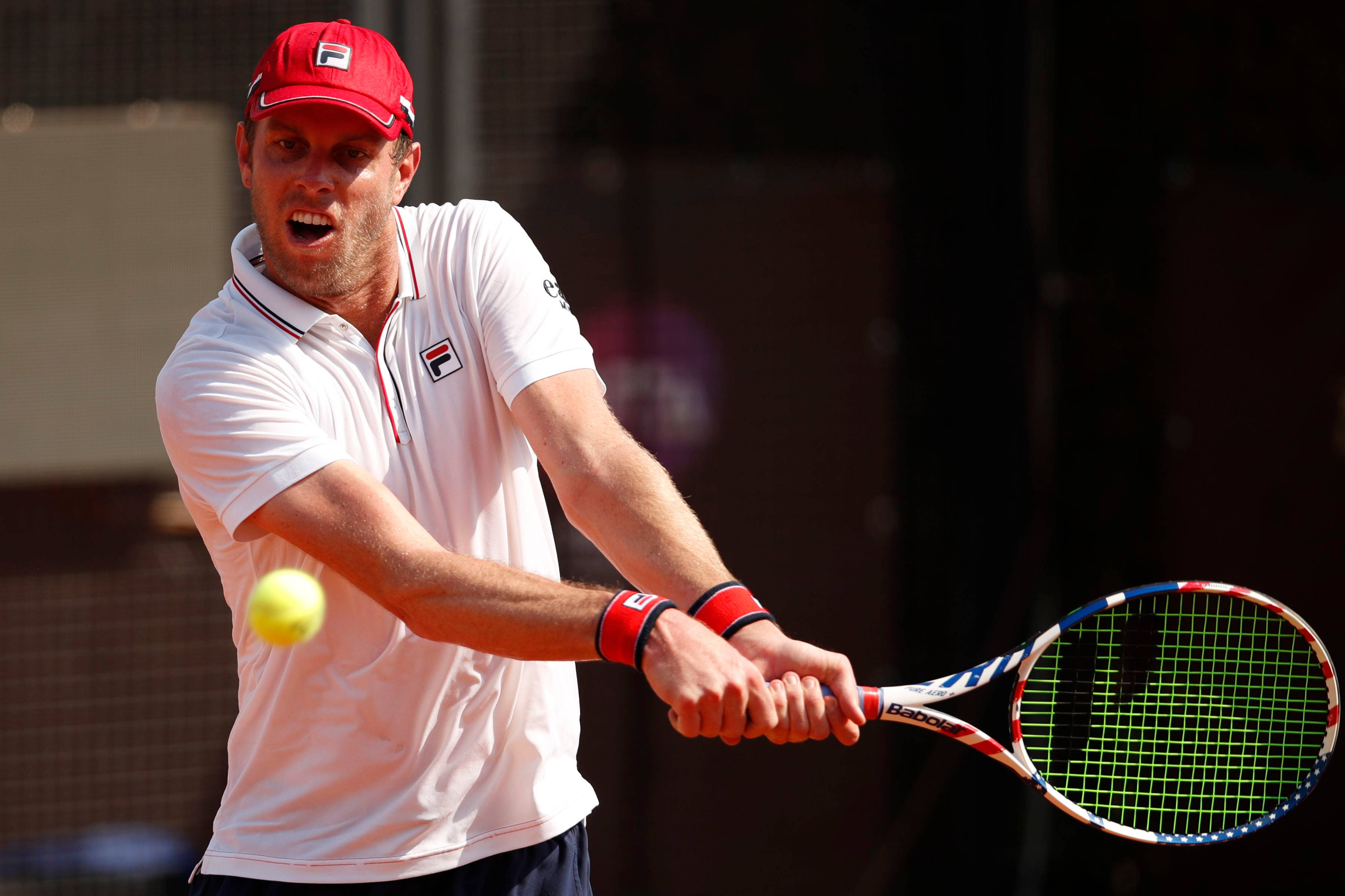 Sam Querrey, white and red gear, yellow ball, 2K Desktop Wallpaper