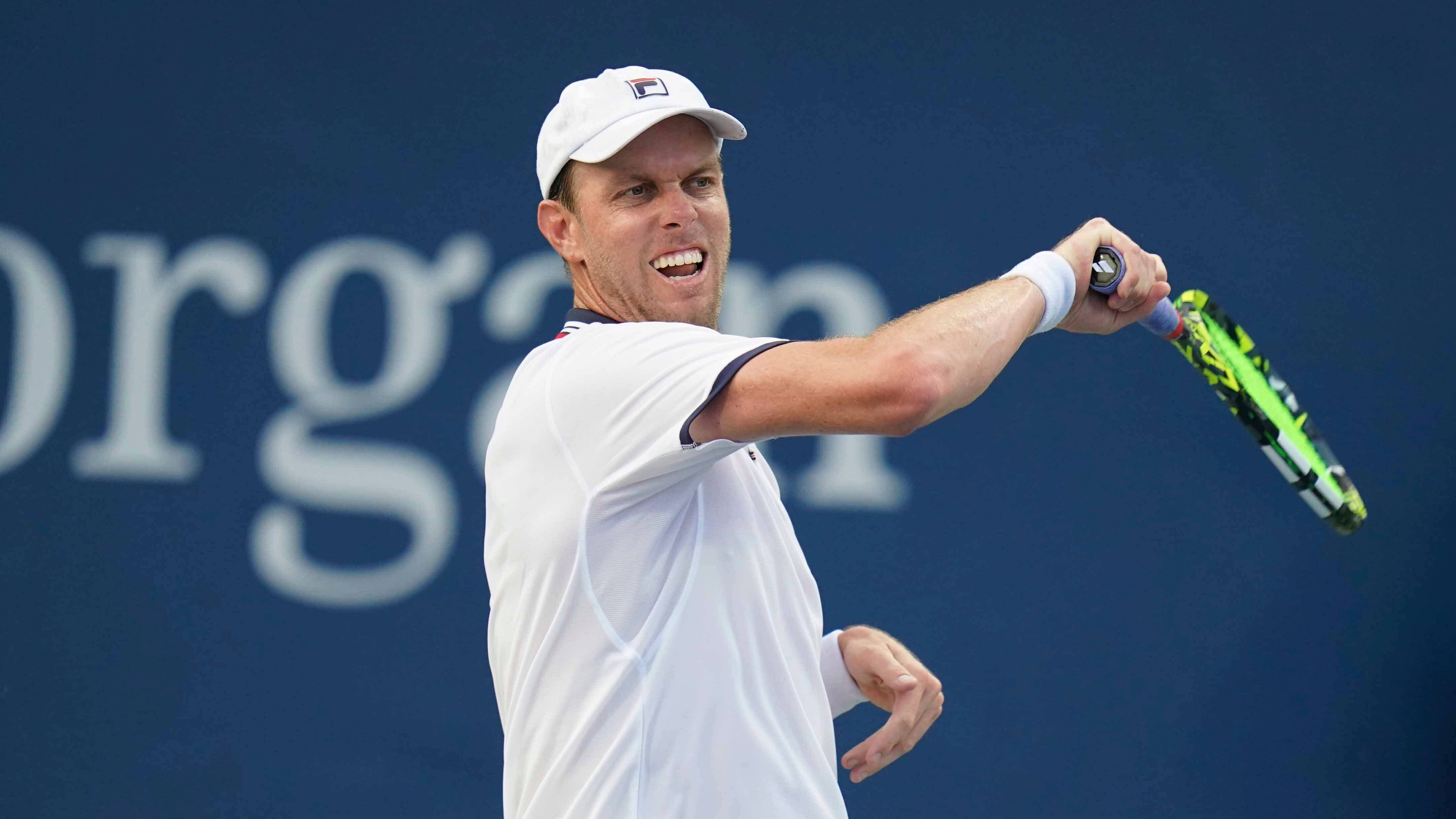 Sam Querrey, neon green racket, blue wall backdrop, 4K Desktop Wallpaper