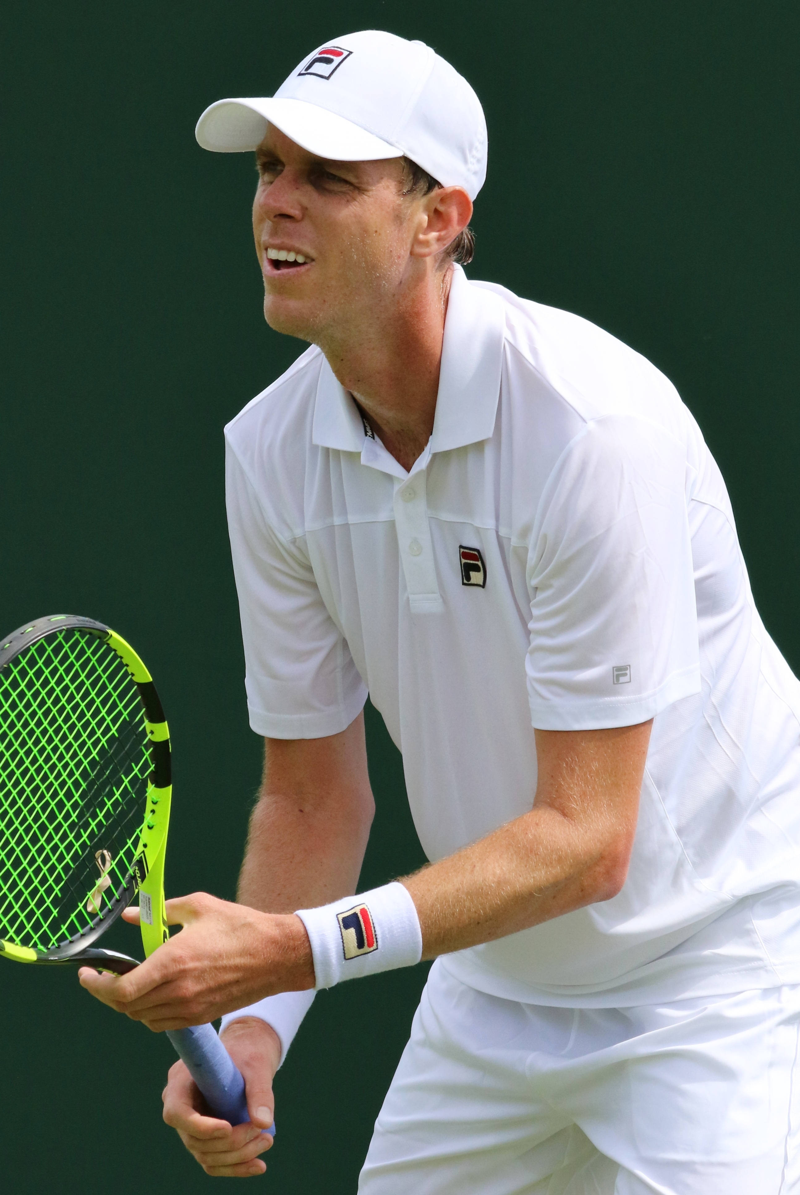 Sam Querrey, neon green racket, dark green court, 4K Phone Wallpaper