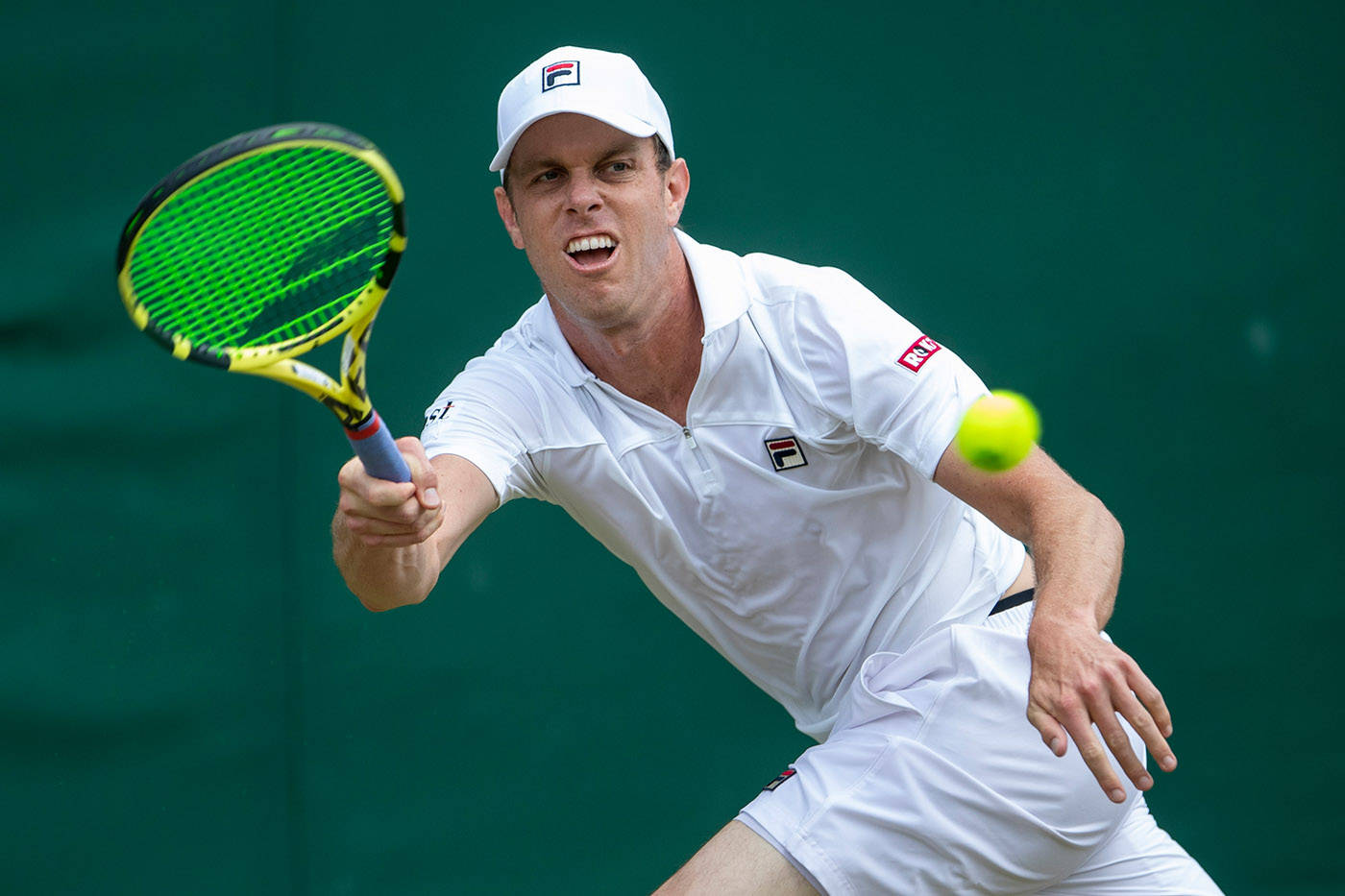 Sam Querrey, white gear, green and yellow racket, HD Desktop Wallpaper