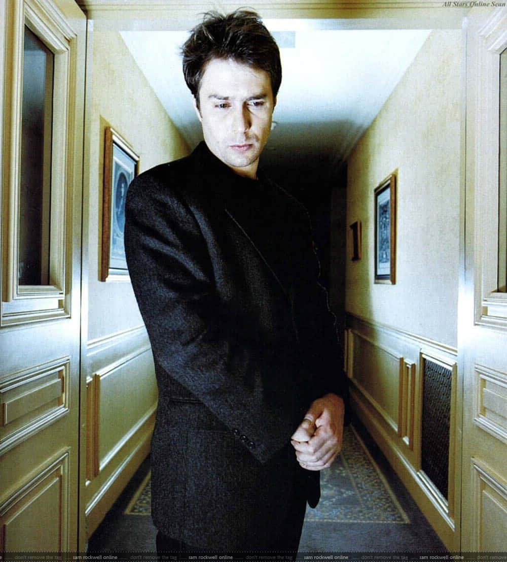 Sam Rockwell, black suit, ornate hallway, SD Phone Wallpaper