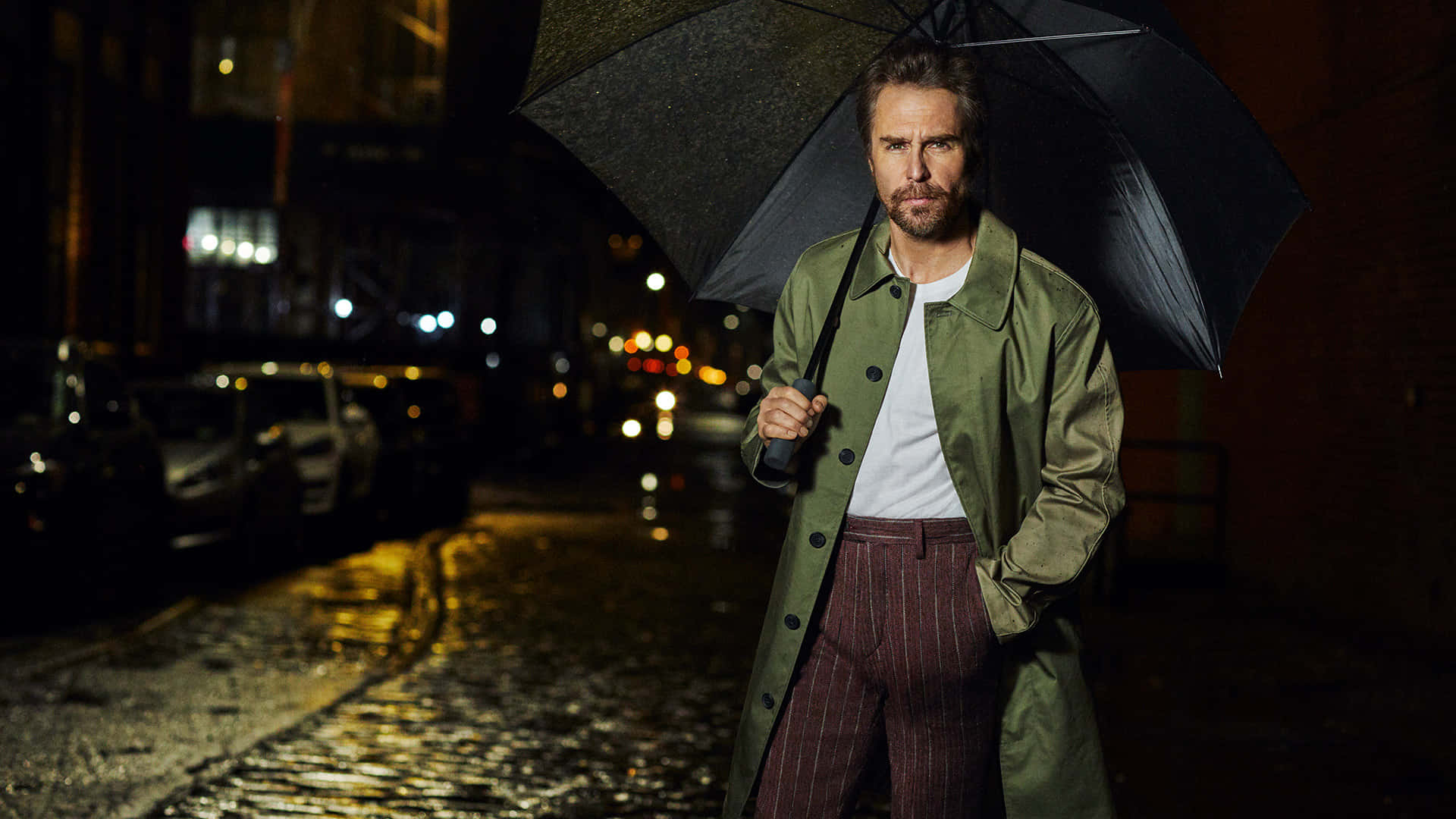 Sam Rockwell, green trench coat, black umbrella, Full HD Desktop Wallpaper