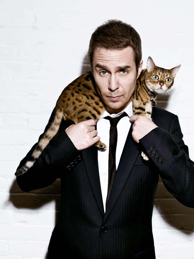 Sam Rockwell, black suit, spotted Bengal cat, SD Phone Wallpaper