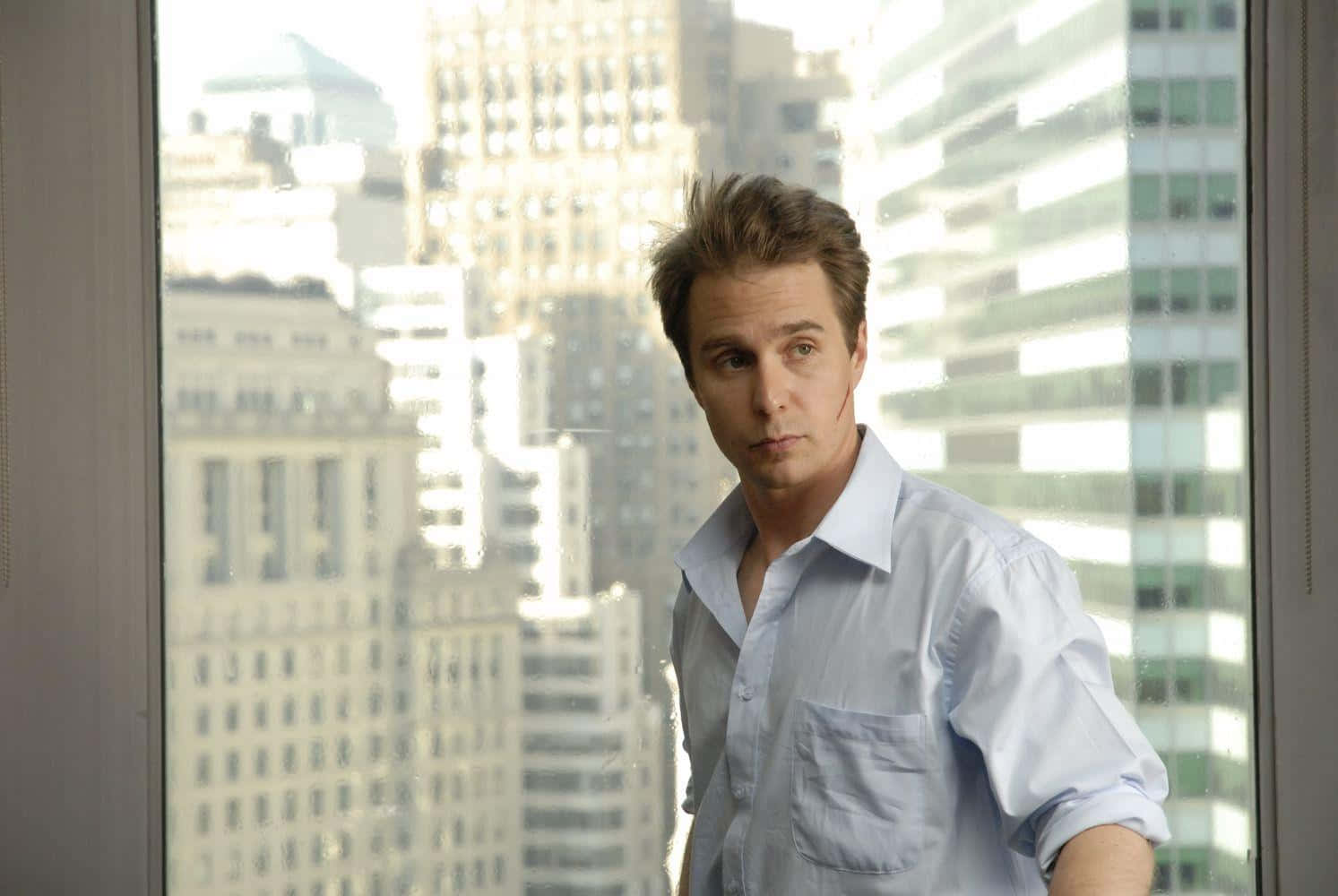 Sam Rockwell, light blue shirt, window, HD Desktop Wallpaper