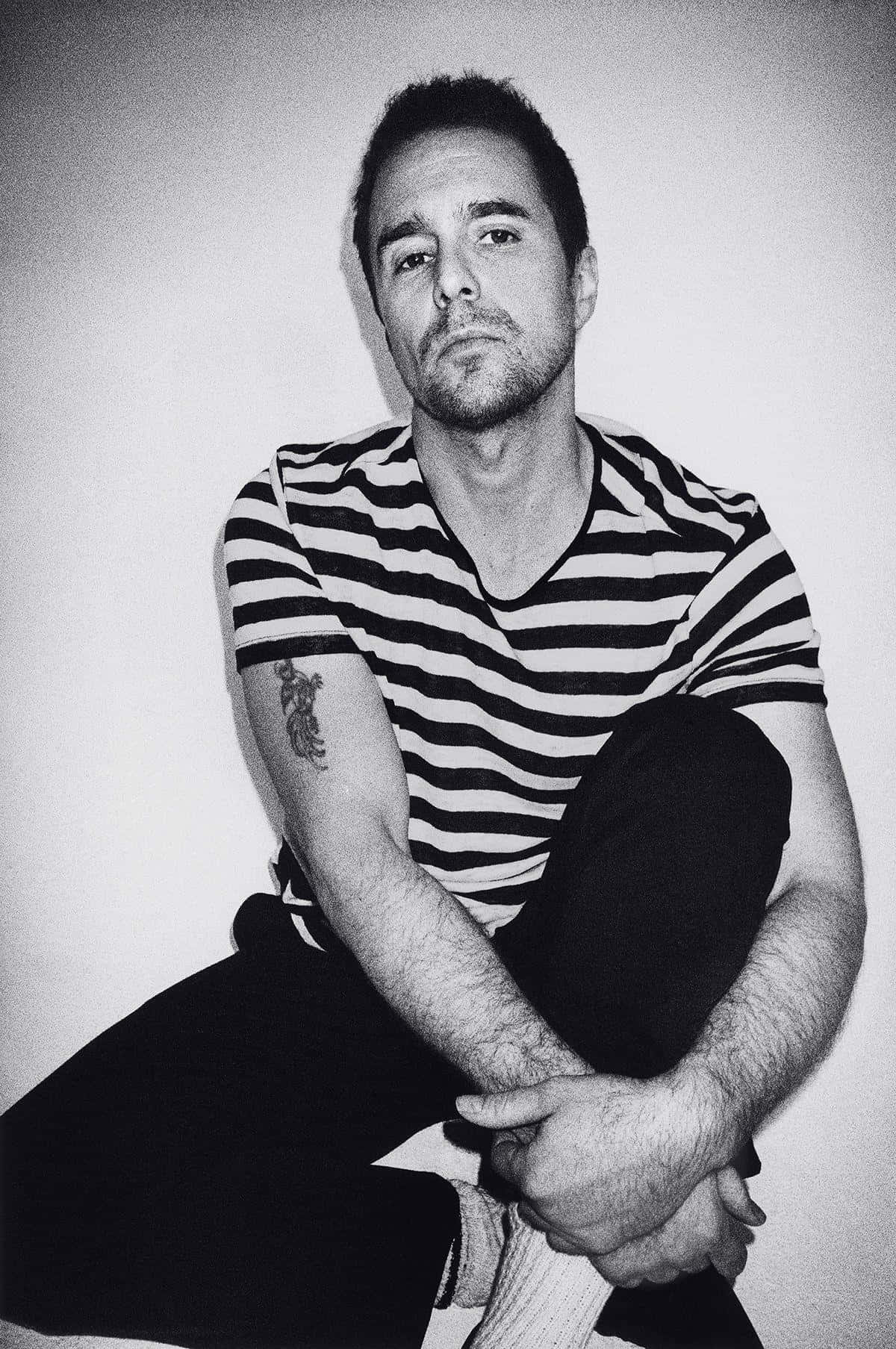 Sam Rockwell, striped shirt, black and white portrait, HD Phone Wallpaper