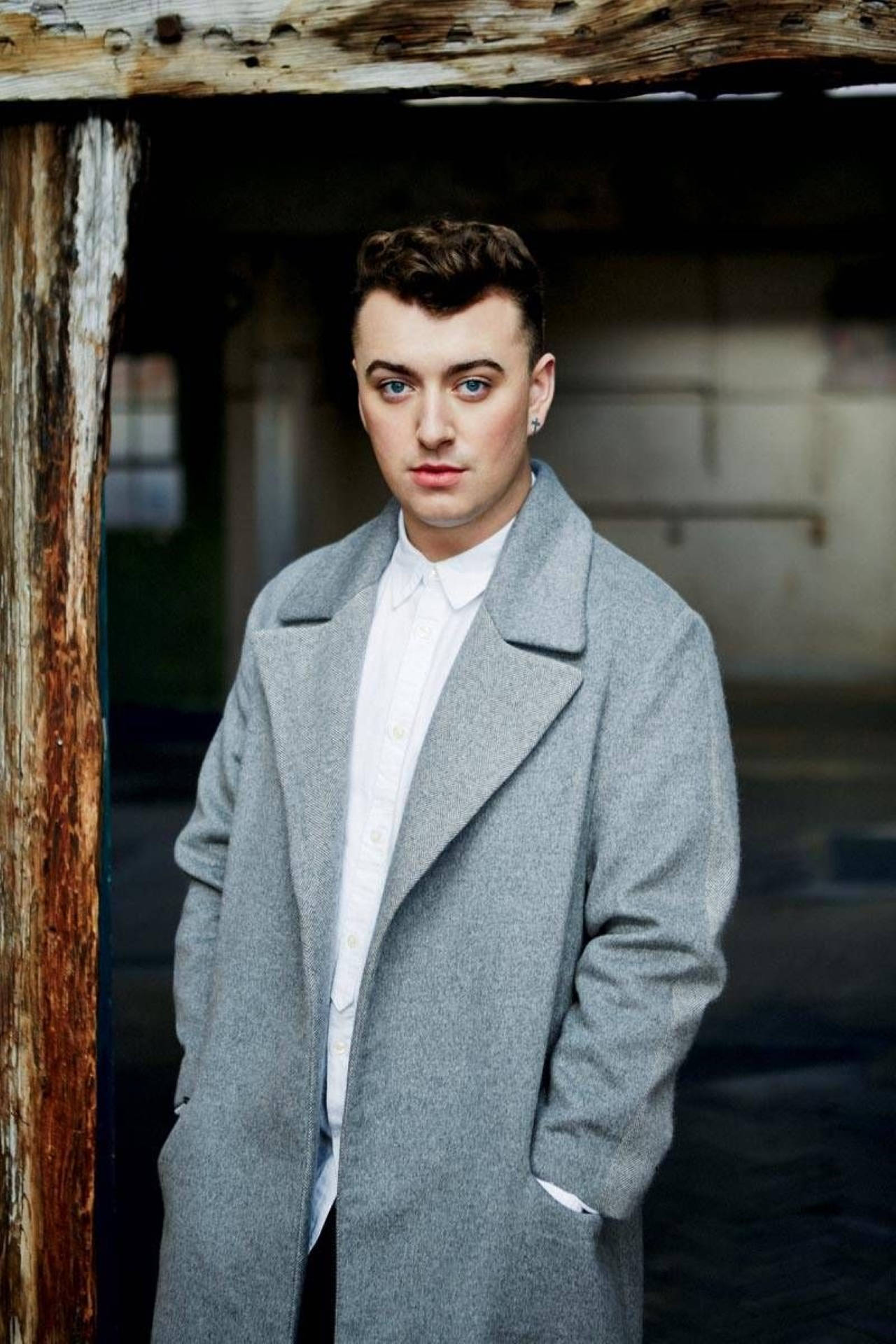 Sam Smith, grey coat, weathered wooden doorway, Full HD Phone Wallpaper