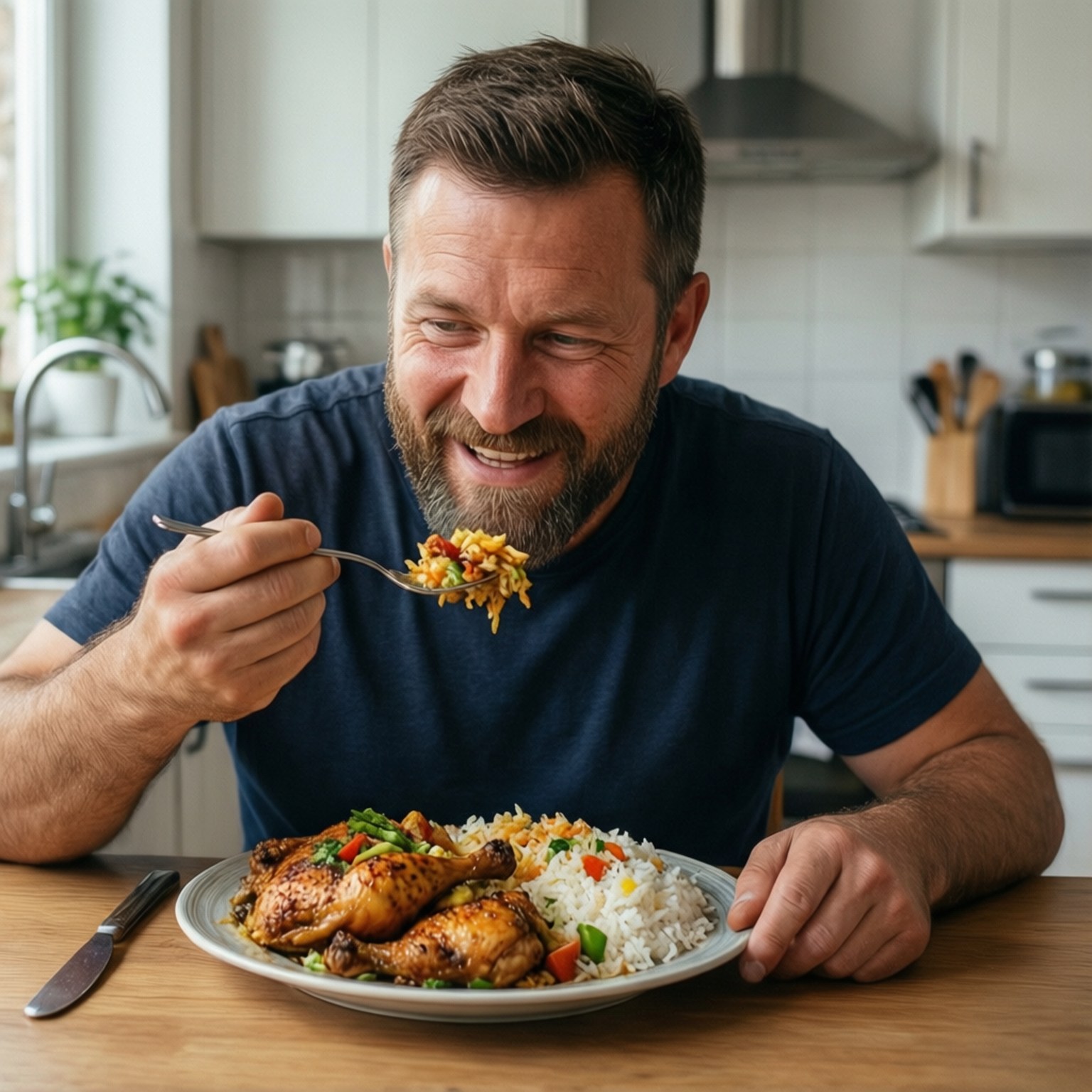Sam Sulek, chicken and rice, cheerful, HD Desktop Wallpaper
