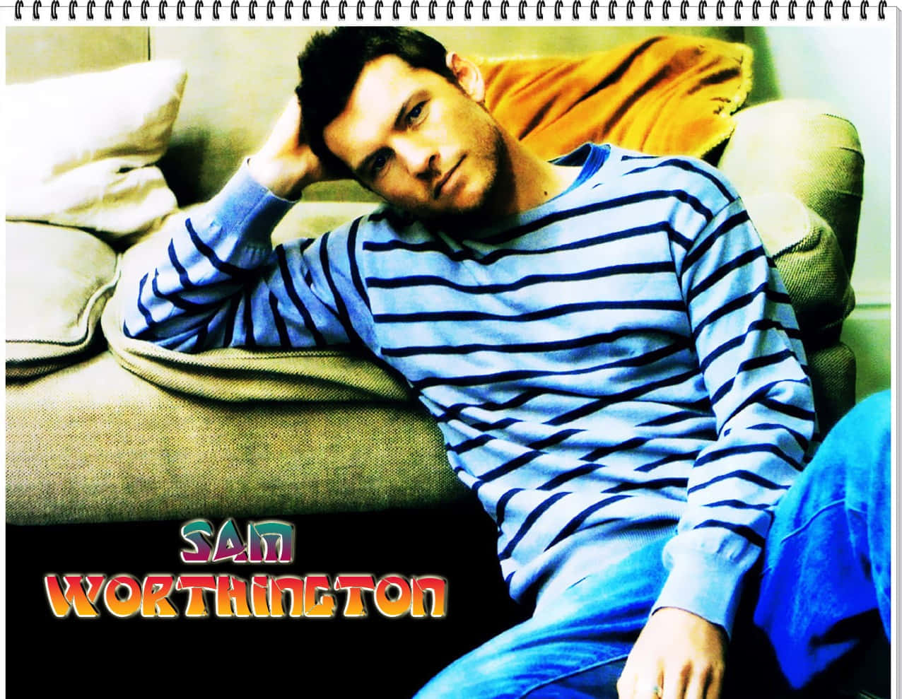 Sam Worthington, blue striped shirt, couch, SD Desktop Wallpaper