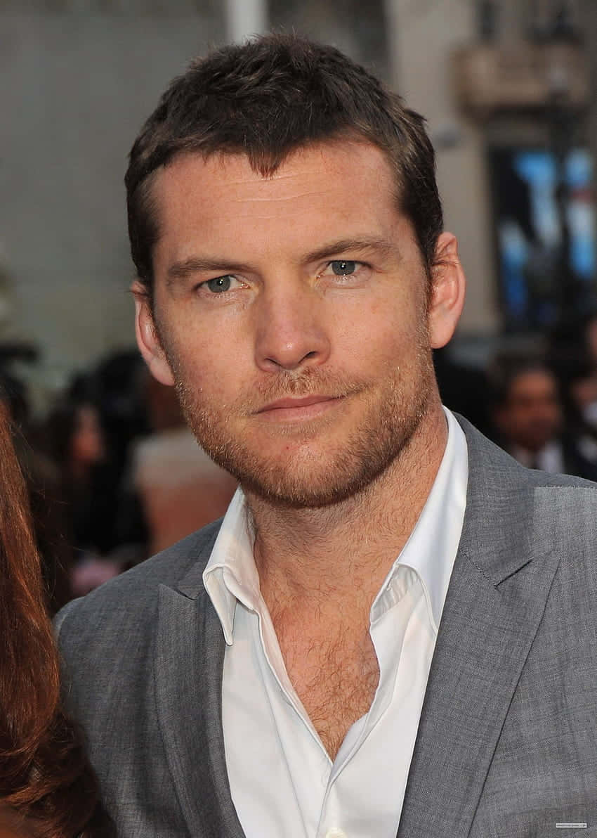 Sam Worthington, gray suit, white shirt, SD Phone Wallpaper