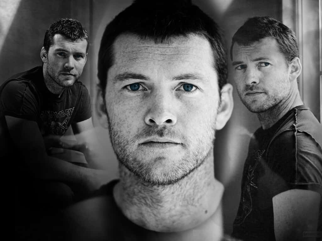 Sam Worthington, black and white portrait, intense blue eyes, SD Desktop Wallpaper