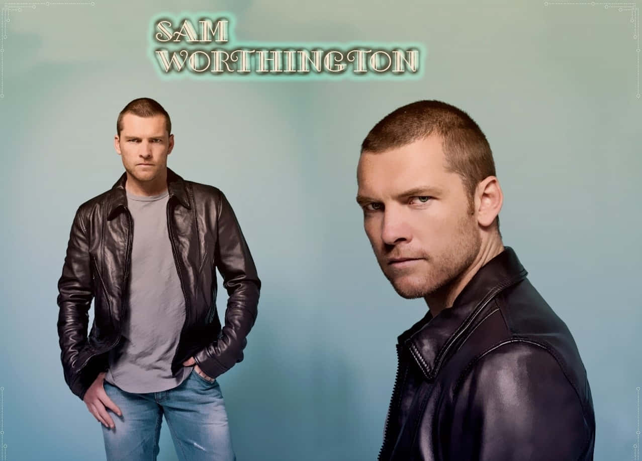 Sam Worthington, leather jacket, soft blue studio backdrop, SD Desktop Wallpaper