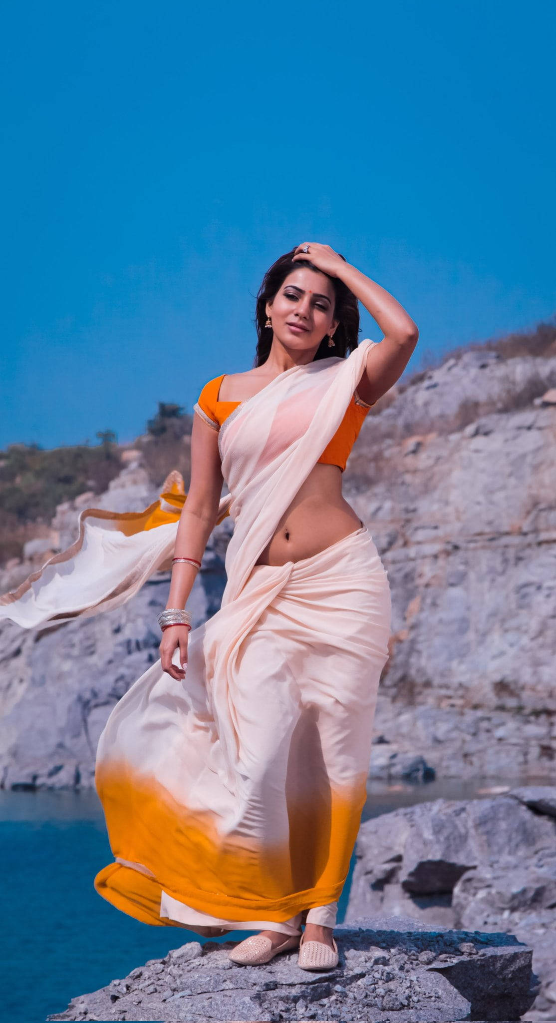 Samantha, Ocean Cute Samantha HD, cream and orange sari, Full HD Phone Wallpaper