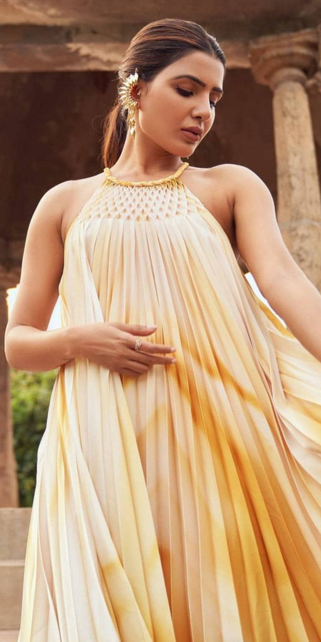 Samantha, flowy golden-yellow gown, ancient stone columns, Full HD Phone Wallpaper