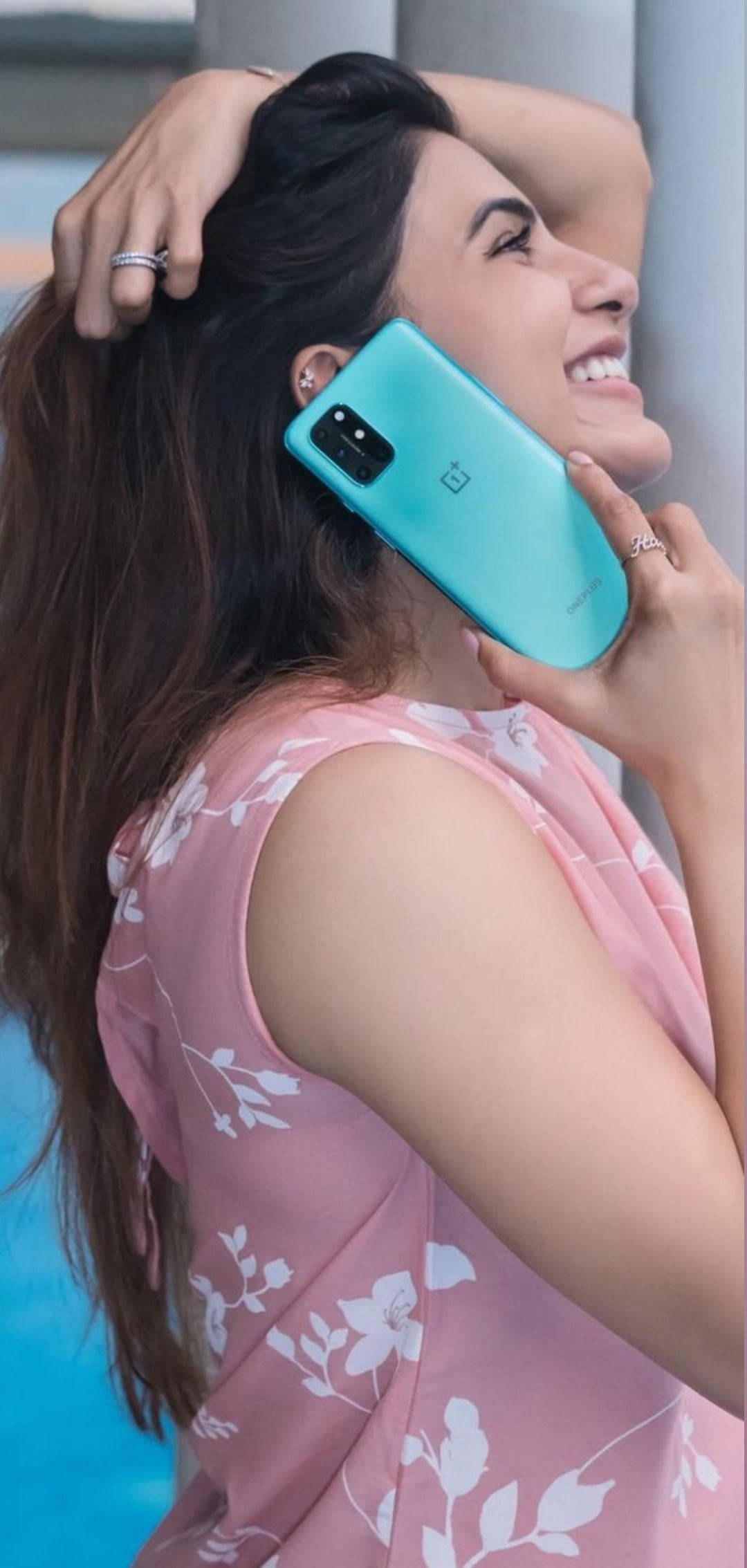 Samantha, turquoise phone, pink floral top, Full HD Phone Wallpaper