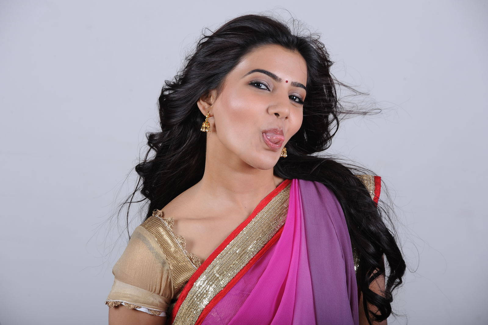 Samantha, pink, gold sari, HD Desktop Wallpaper