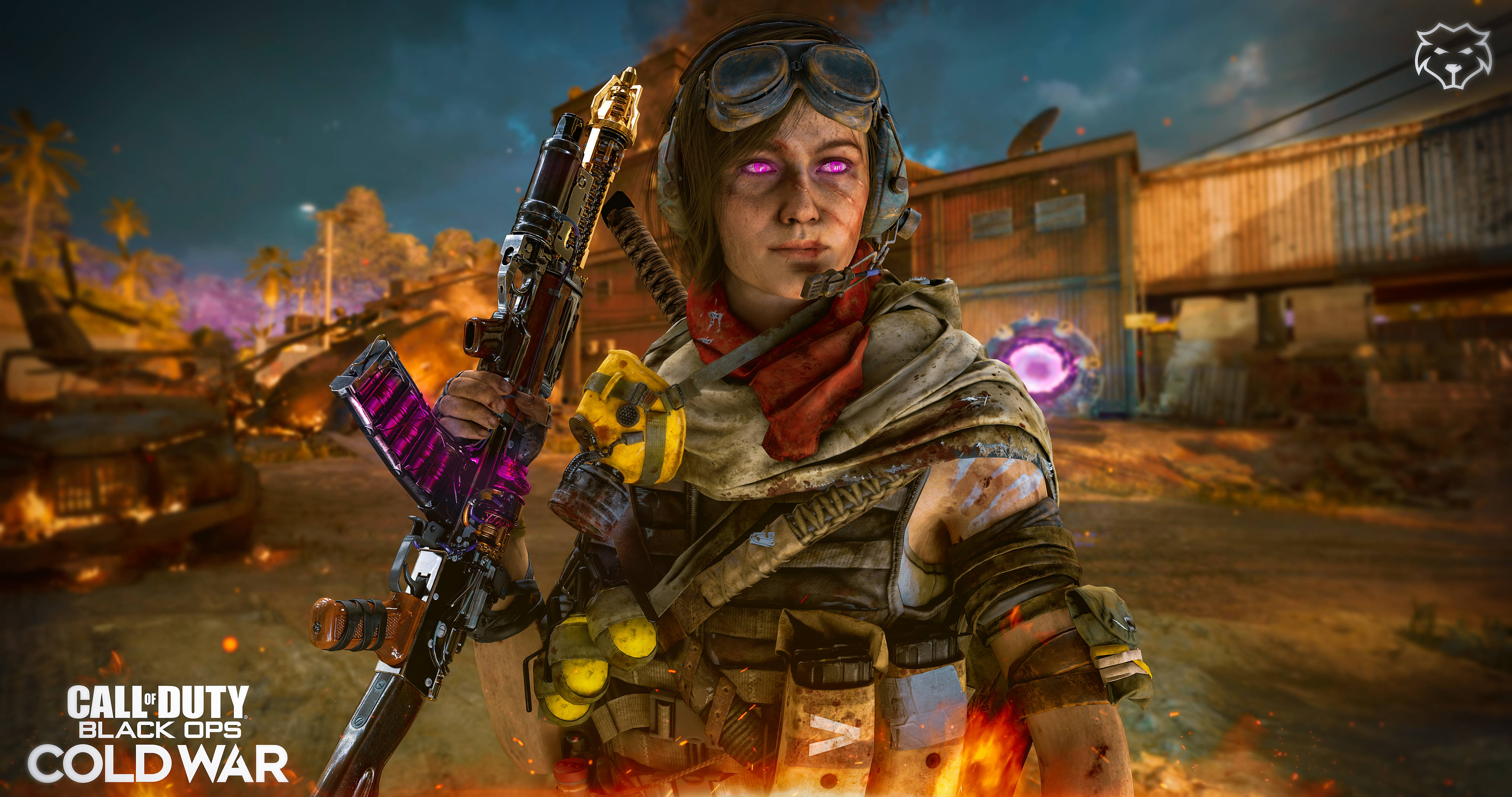 Samantha Maxis, glowing purple eyes, futuristic rifle, 4K Desktop Wallpaper