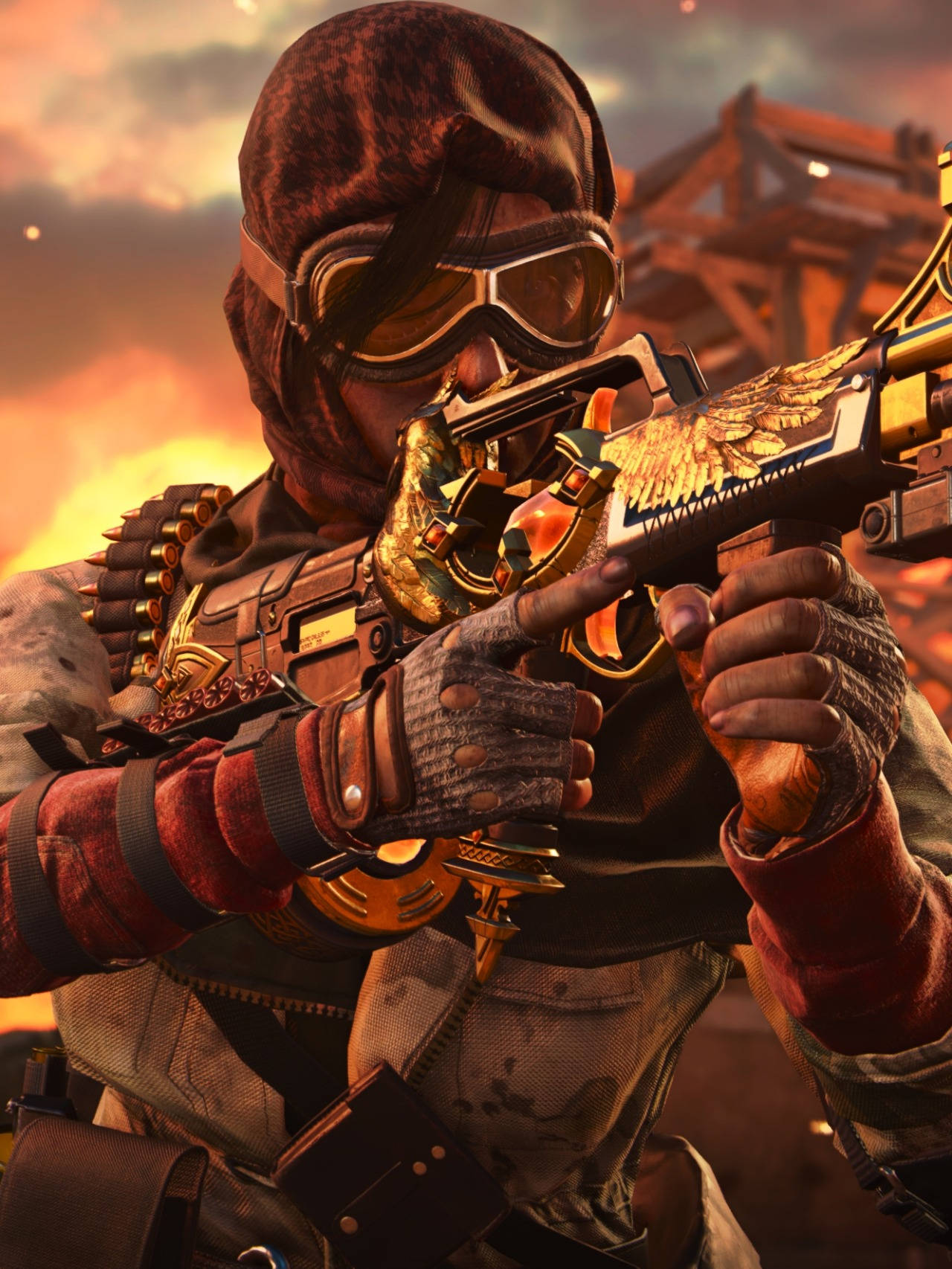 Samantha Maxis, golden eagle rifle, fiery sunset sky, HD Phone Wallpaper