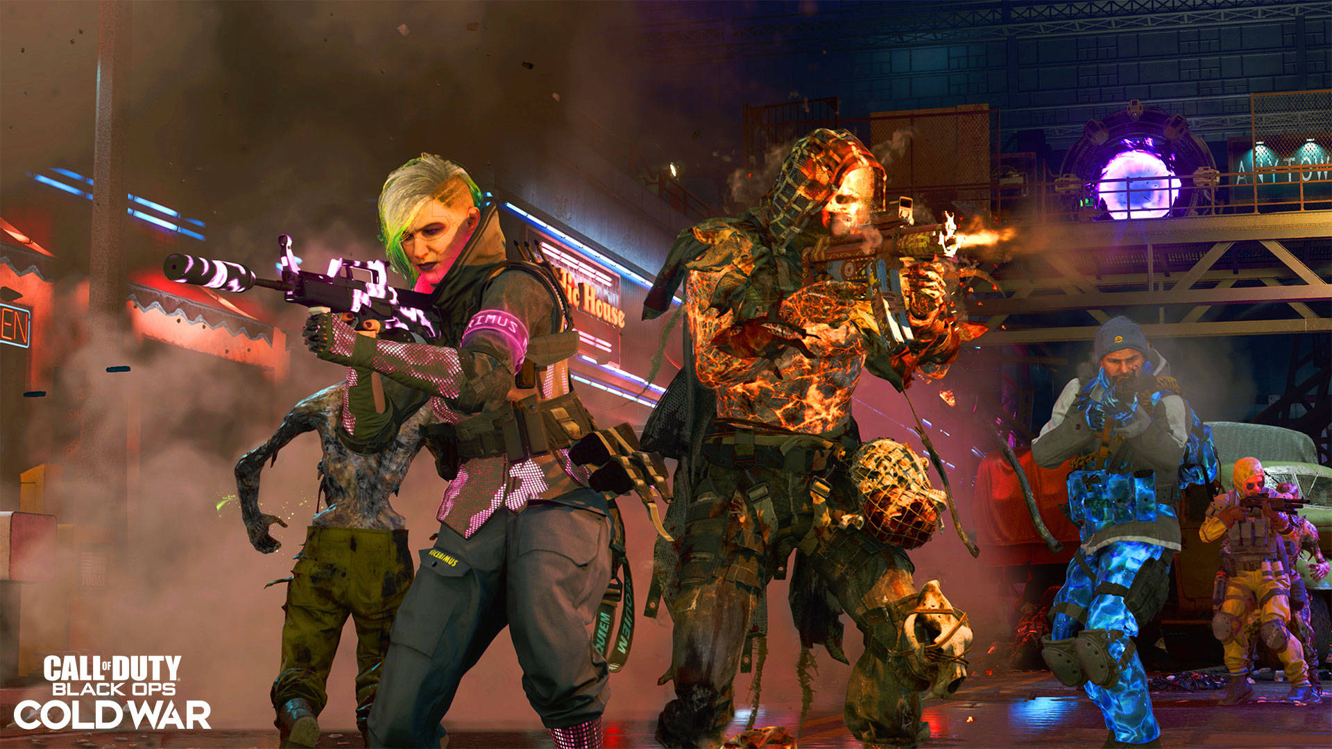 Samantha Maxis, zombie warehouse, neon-lit urban combat gear, Full HD Desktop Wallpaper