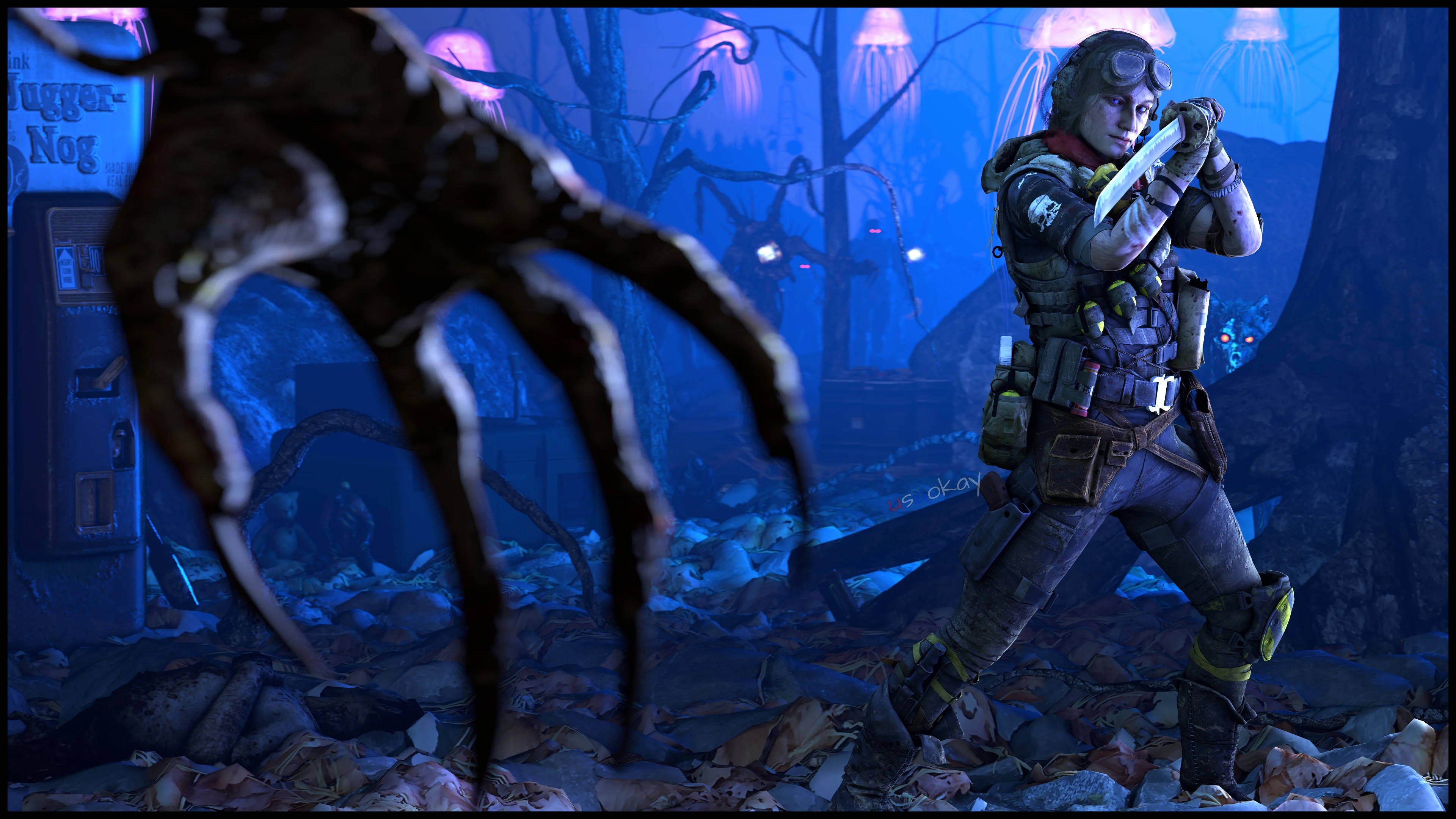 Samantha Maxis, tactical gear, knife, 4K Desktop Wallpaper