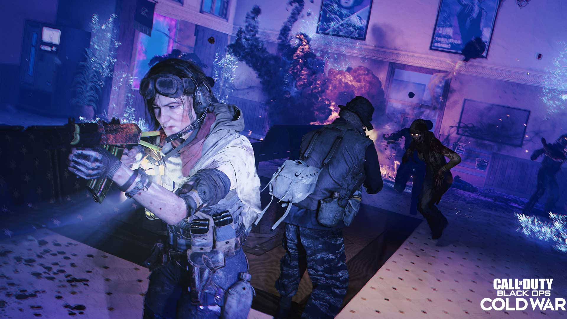 Samantha Maxis, tactical gear, purple-lit urban room, Full HD Desktop Wallpaper